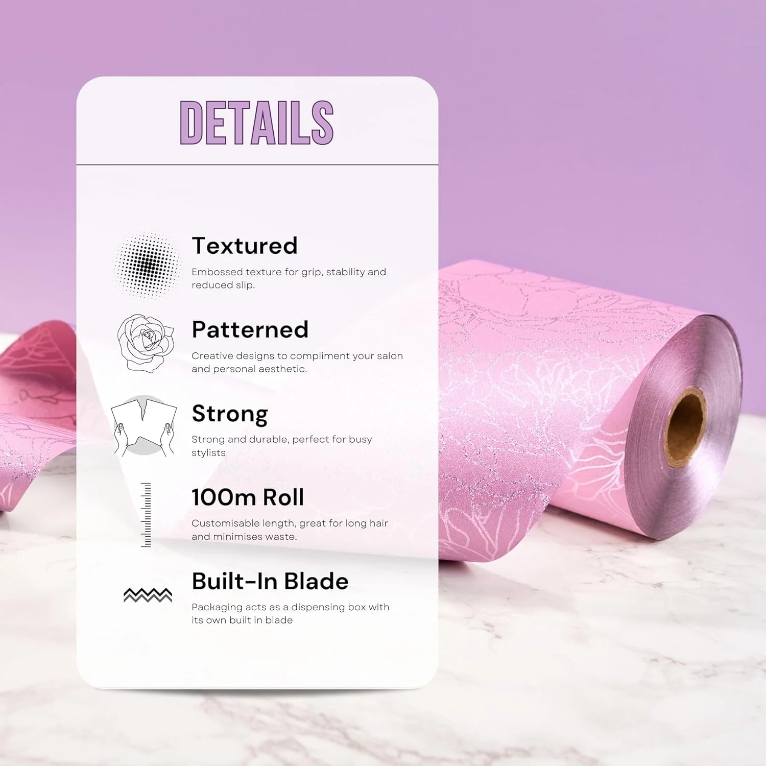 فویل اکسترا واید سیمپلی هیر، فویل رنگ برای هایلایت و بالیاژ، رول فویل مو با عرض 12.7 سانتی متر با کاتر داخلی. فویل منقش با طرح گلدار صورتی.