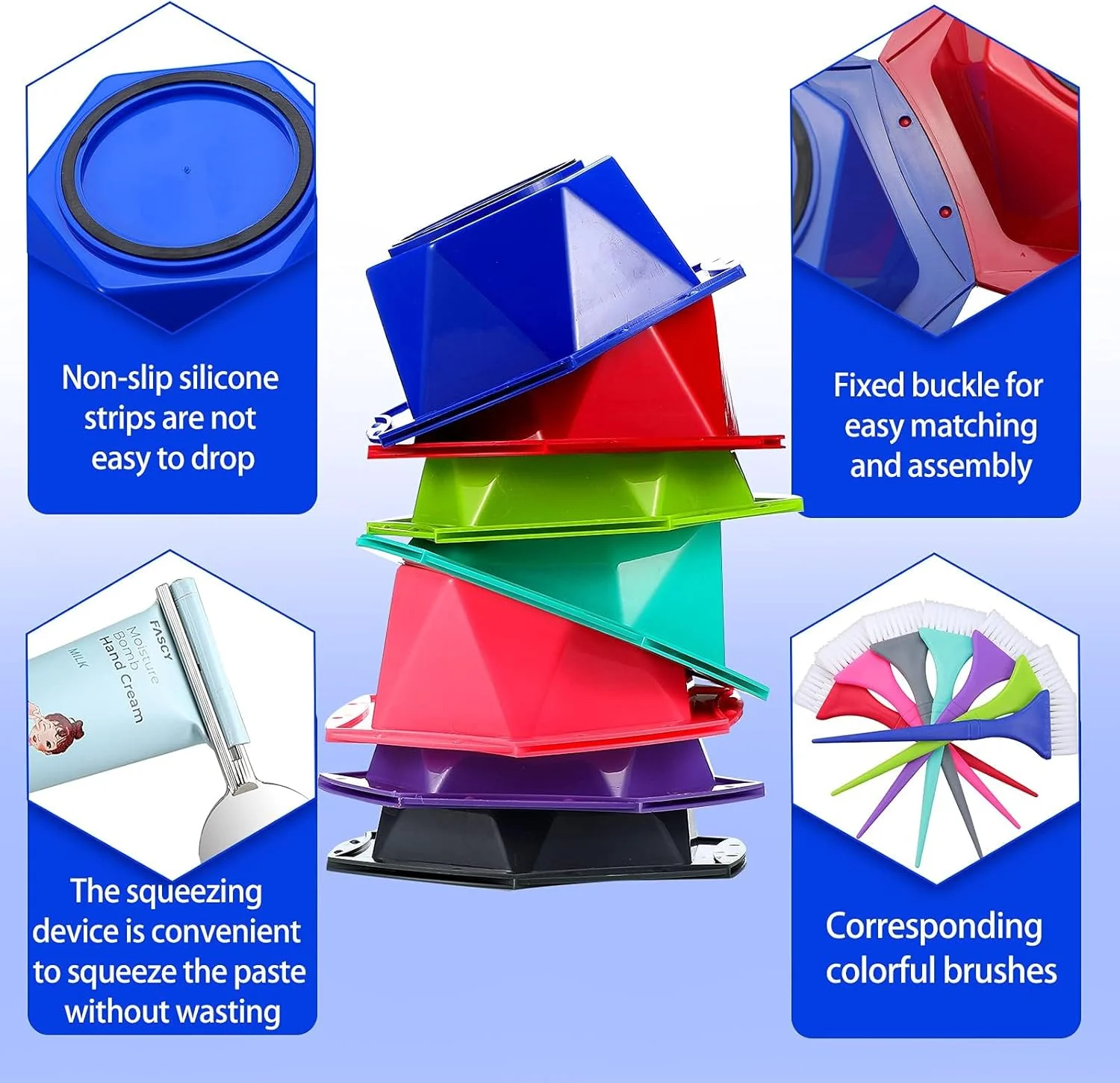 ست کاسه و برس رنگ مو 7 رنگ KASTWAVE، کیت رنگ آمیزی موی حرفه ای سالن، کاسه رنگ موی رنگین کمانی با فشار دهنده تیوب کلیدی، رنگ مو در خانه