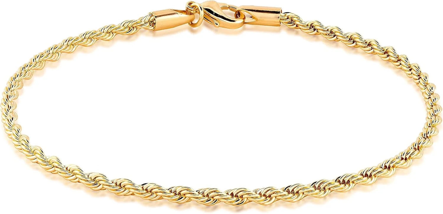 پابند طنابی بافت بارزل با روکش طلای 18 عیار زنانه، ضخامت 2.7 میلی متر، طول 10 اینچ - ساخت برزیل