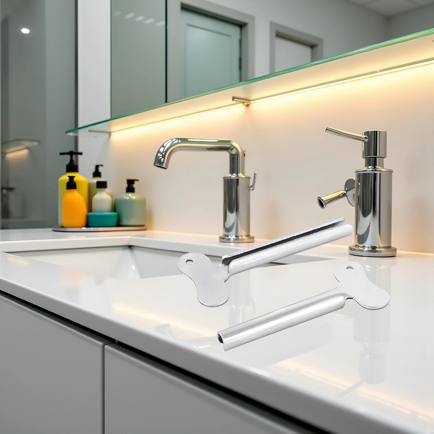 دو عدد کلید فشاری فلزی نقره ای برای تیوب، کلید فشاری تیوب خمیر دندان، ابزار پخش کننده رنگ مو فلزی، پردازش، لوازم فروشگاهی، وسایل کمک حرکتی و لوازم جانبی فشاری تیوب