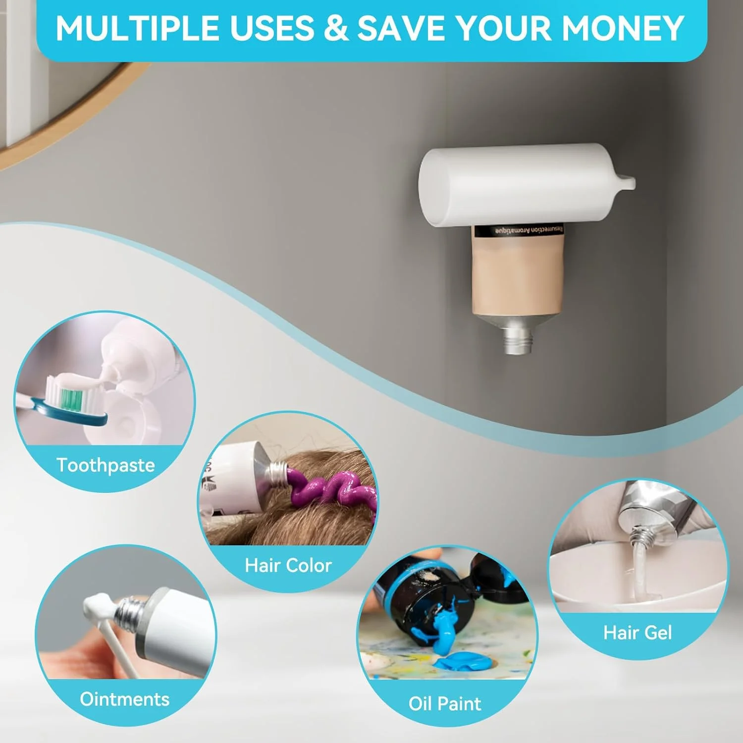 فشار دهنده خمیر دندان دیواری، 2 عدد پخش کننده رولی خمیر دندان آویز برای حمام، فشار دهنده و آبگیر لوله پلاستیکی خود چسب برای نقاشان هنرمند، برای لوازم آرایشی لوله ای، کچاپ و غیره (سفید)