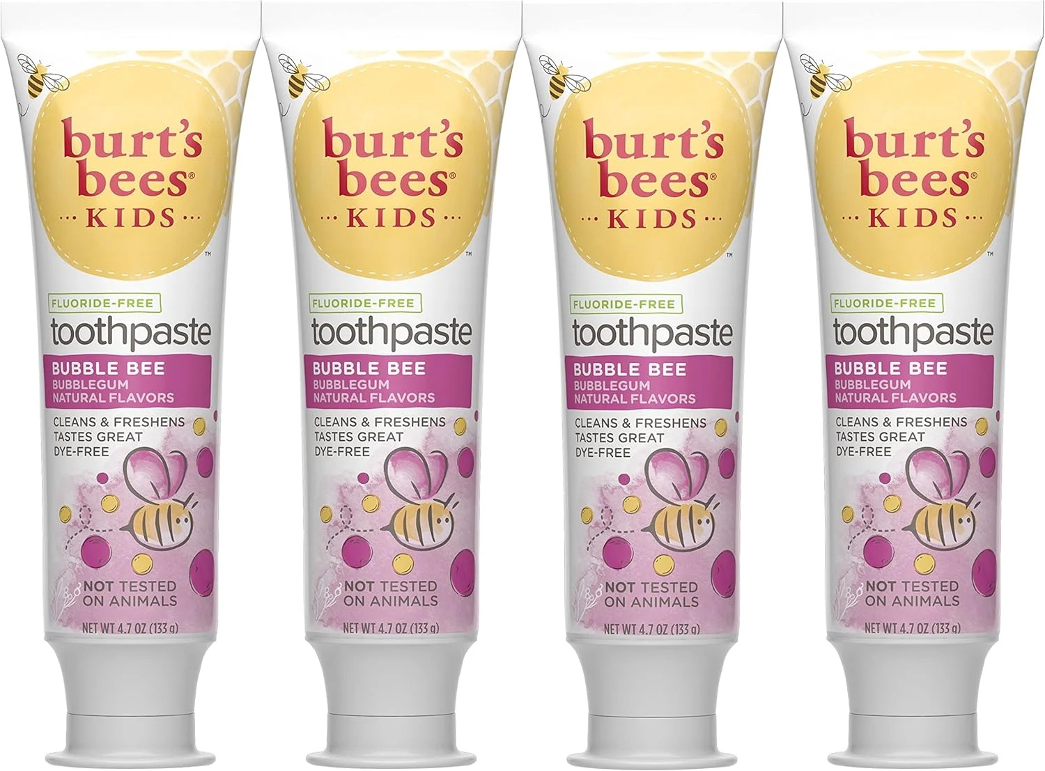 خمیر دندان کودکانه برتز بیز، طعم آدامس بادکنکی، بدون فلوراید، زنبور بادکنکی، 133 گرم، بسته 4 عددی