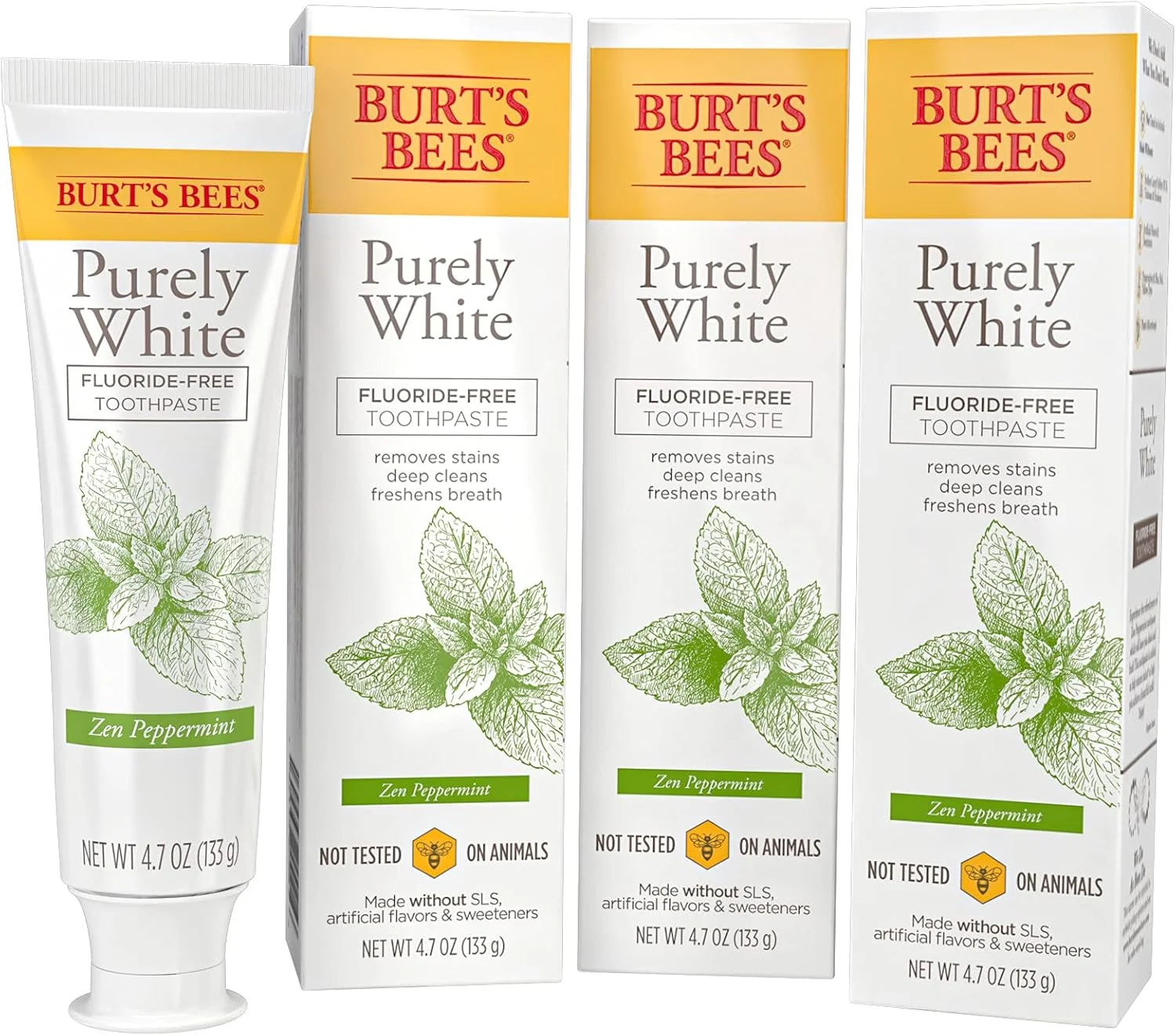 خمیر دندان Burt's Bees، طعم طبیعی، بدون فلوراید، سفید کننده خالص، نعناع ذن، 133 گرم، 3 عدد