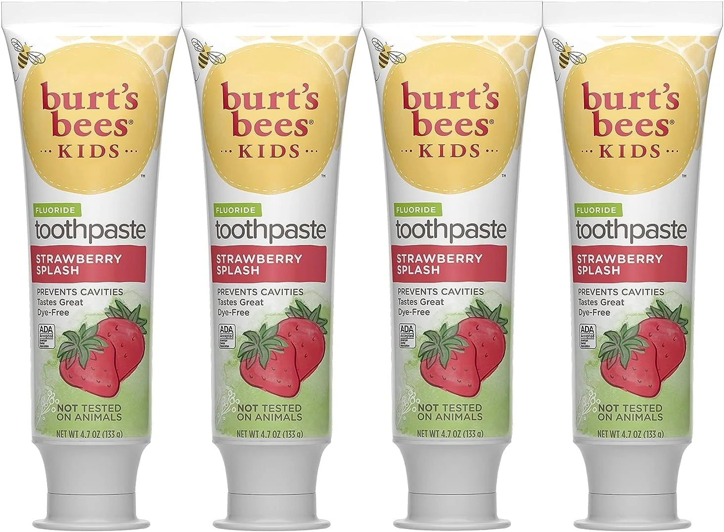 خمیر دندان کودکانه Burt's Bees، طعم توت فرنگی، حاوی فلوراید، Strawberry Splash، 133 گرم، بسته 4 عددی