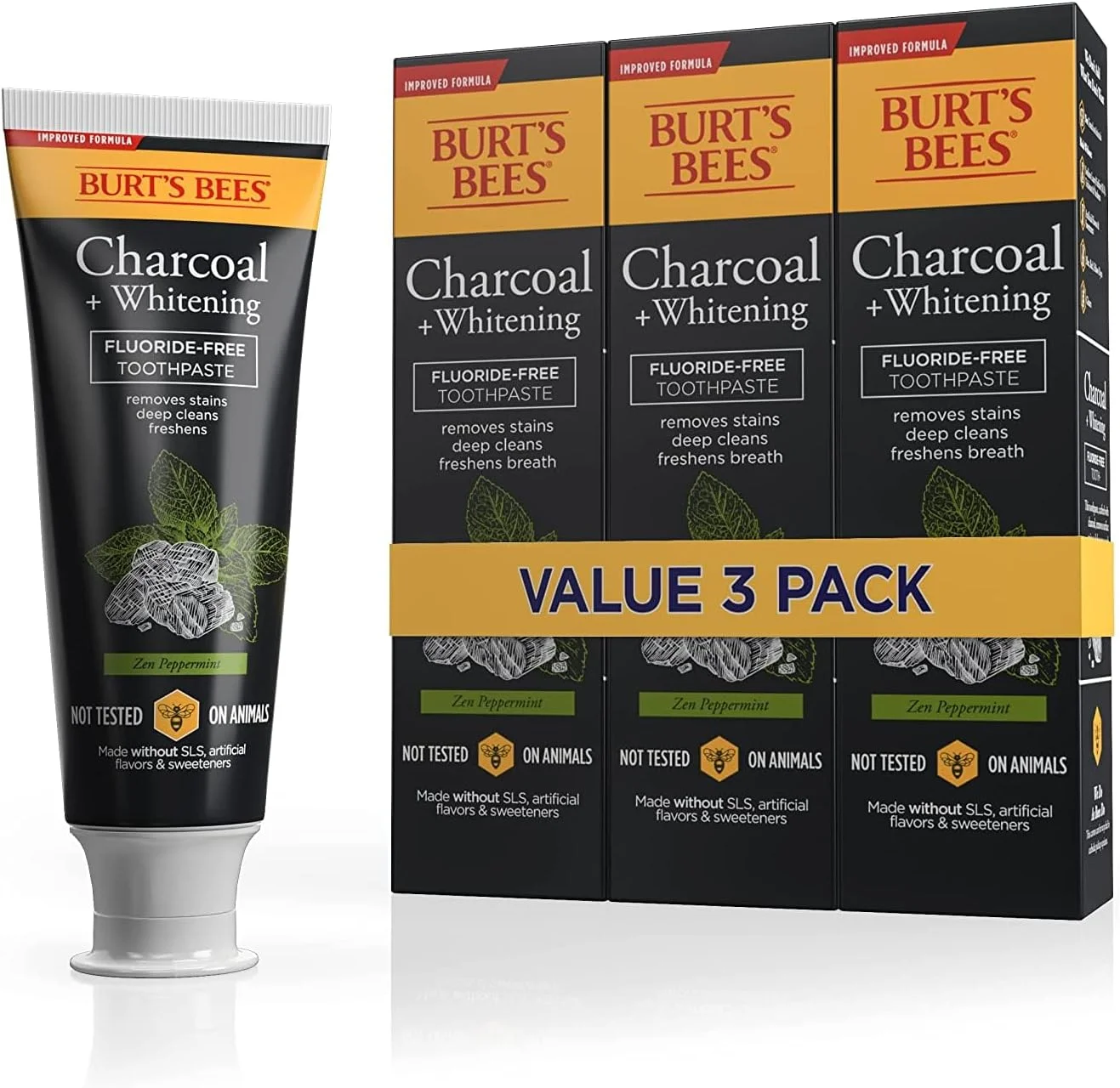 خمیر دندان زنبورهای برت، طعم طبیعی، خمیر دندان بدون فلوراید زغالی، نعناع ذن، 133 گرم، بسته 3 عددی