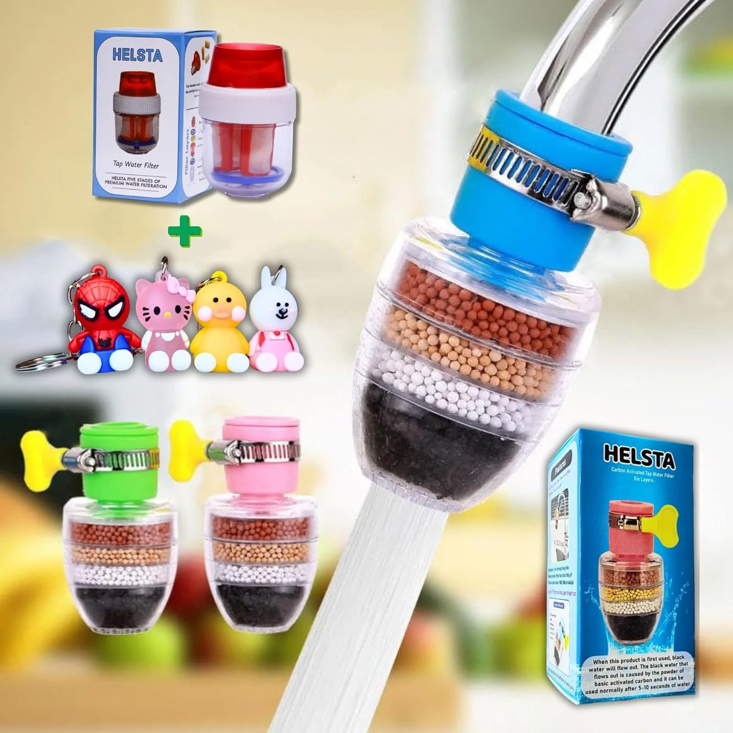 فیلتر آب شیر کربنی فعال چند لایه Helsta، رابط جهانی، مناسب برای شیر آشپزخانه، فیلتر چند لایه تمیز کننده و تصفیه کننده آب، کارتریج فیلتر پنج لایه