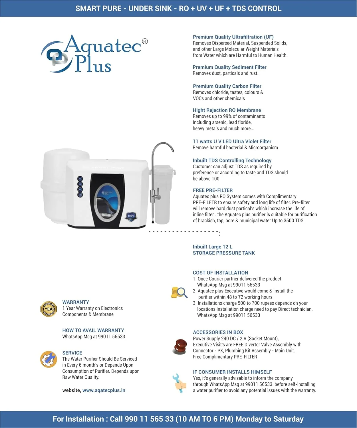 دستگاه تصفیه آب زیر سینکی Aquatec Plus Smart Pure - مخزن تحت فشار 12 لیتری RO+UV+UF+TDS (سفید) دستگاه تصفیه آب زیر سینکی Aquatec Plus Smart Pure - مخزن تحت فشار 12 لیتری RO+UV+UF+TDS (سفید)