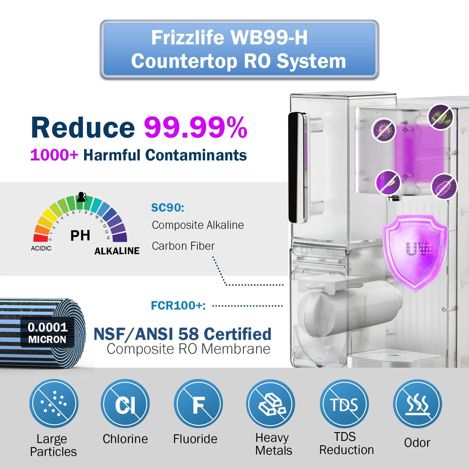 دستگاه تصفیه آب رومیزی اسمز معکوس Frizzlife WB99-H، دارای آبگرمکن فوری، آب قلیایی RO، پارچ آب قابل حمل، عناصر دارای گواهینامه NSF/ANSI 58، دما و حجم قابل تنظیم