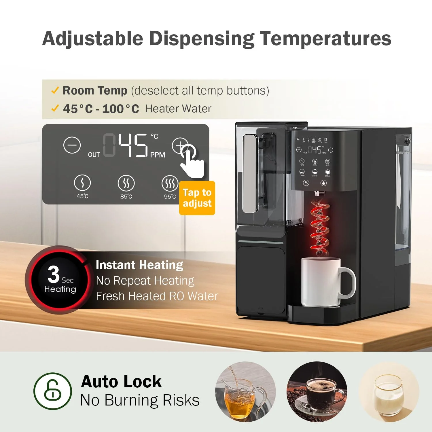 دستگاه تصفیه آب رومیزی اسمز معکوس Frizzlife WB99-H، دارای آبگرمکن فوری، آب قلیایی RO، پارچ آب قابل حمل، عناصر دارای گواهینامه NSF/ANSI 58، دما و حجم قابل تنظیم