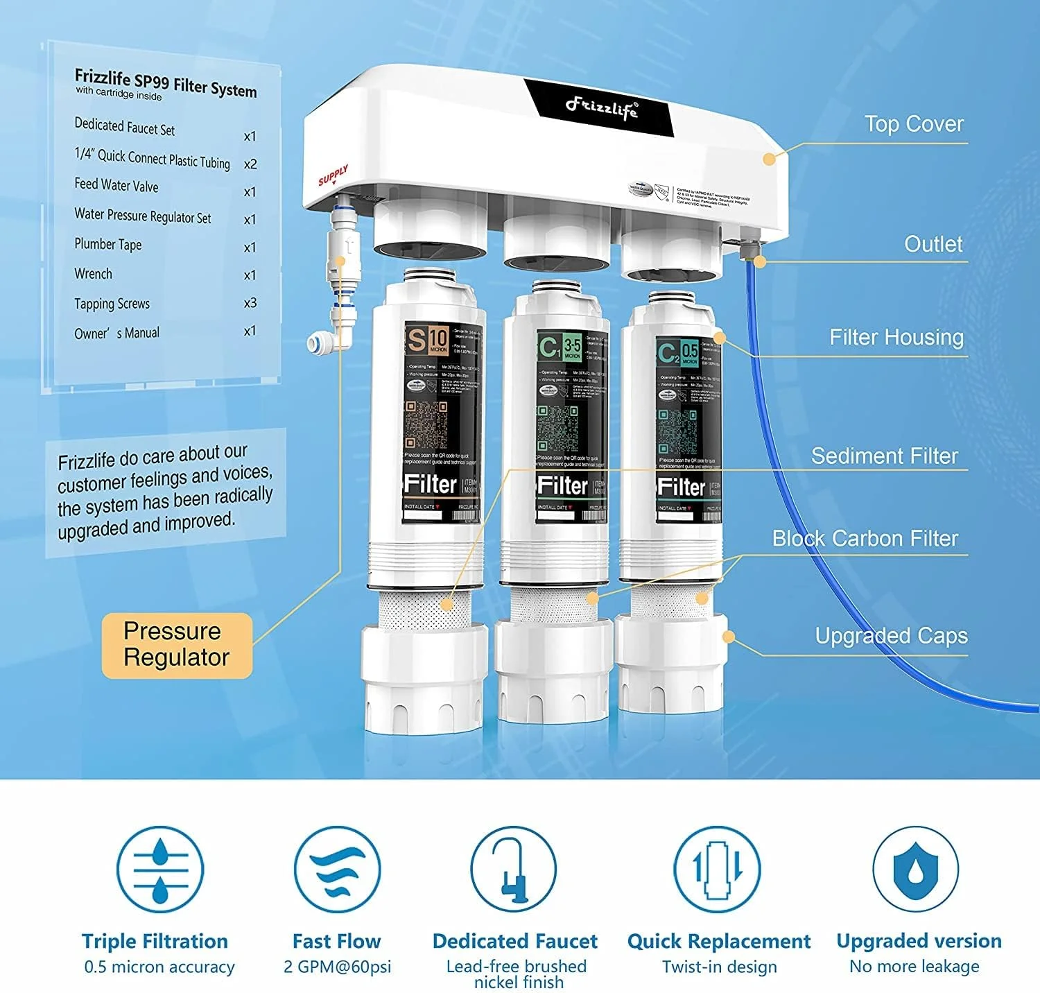 سیستم فیلتر آب زیر سینکی Frizzlife مدل SP99-NEW با شیر نیکل برس خورده، دارای گواهینامه NSF/ANSI 42&53، فیلتر 3 مرحله ای 0.5 میکرون، حذف سرب، کلر، کلرامین، فلوراید، تعویض سریع، TDS را کاهش نمی دهد.