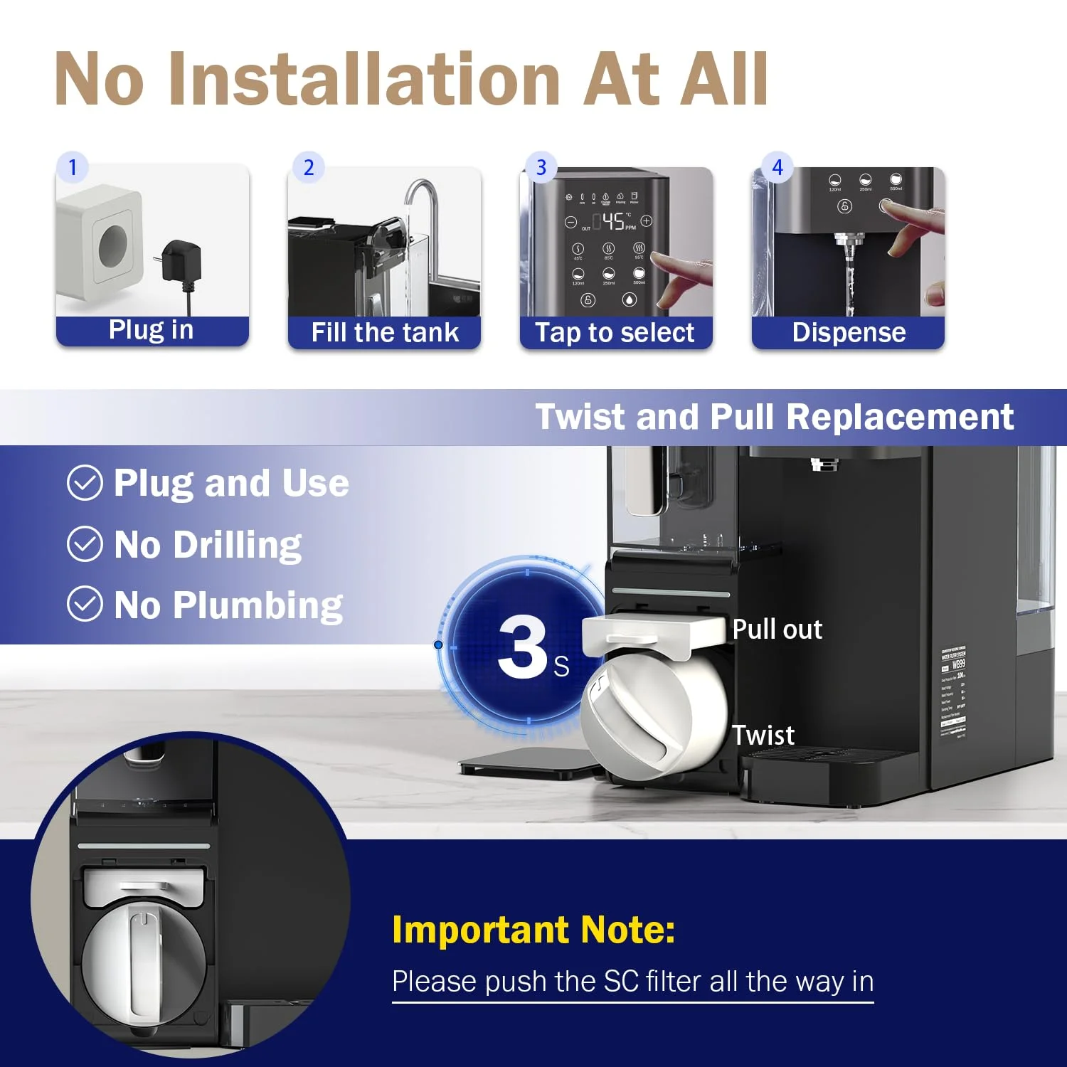 دستگاه تصفیه آب رومیزی اسمز معکوس Frizzlife WB99-H، دارای آبگرمکن فوری، آب قلیایی RO، پارچ آب قابل حمل، عناصر دارای گواهینامه NSF/ANSI 58، دما و حجم قابل تنظیم