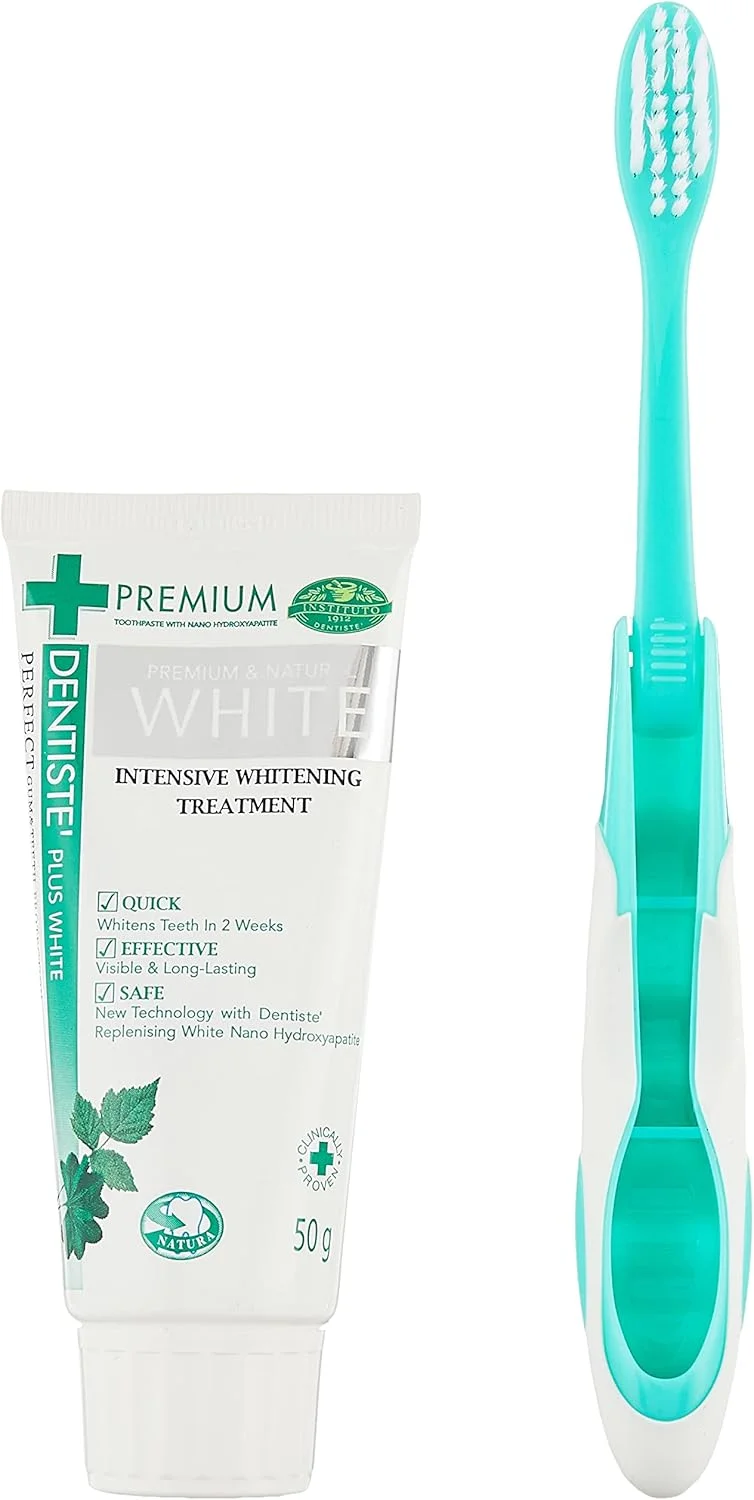 مجموعه مسافرتی دنتیسته با خمیر دندان سفید کننده طبیعی پریمیوم پلاس 50 گرمی و مسواک تاشو مسافرتی پریمیوم | درمان سفید کننده قوی | مراقبت از دهان و دندان جمع و جور، راحت و مناسب سفر
