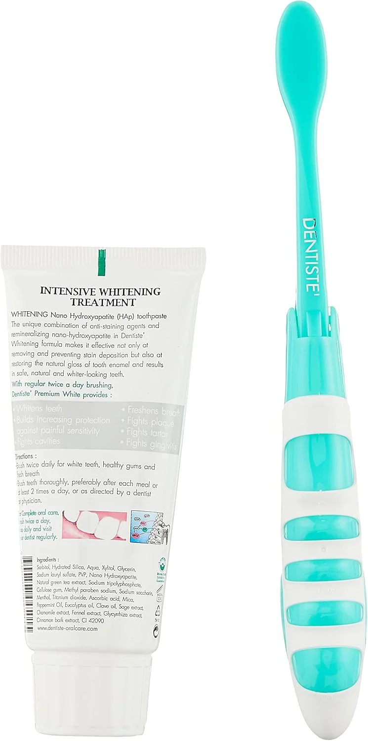 مجموعه مسافرتی دنتیسته با خمیر دندان سفید کننده طبیعی پریمیوم پلاس 50 گرمی و مسواک تاشو مسافرتی پریمیوم | درمان سفید کننده قوی | مراقبت از دهان و دندان جمع و جور، راحت و مناسب سفر