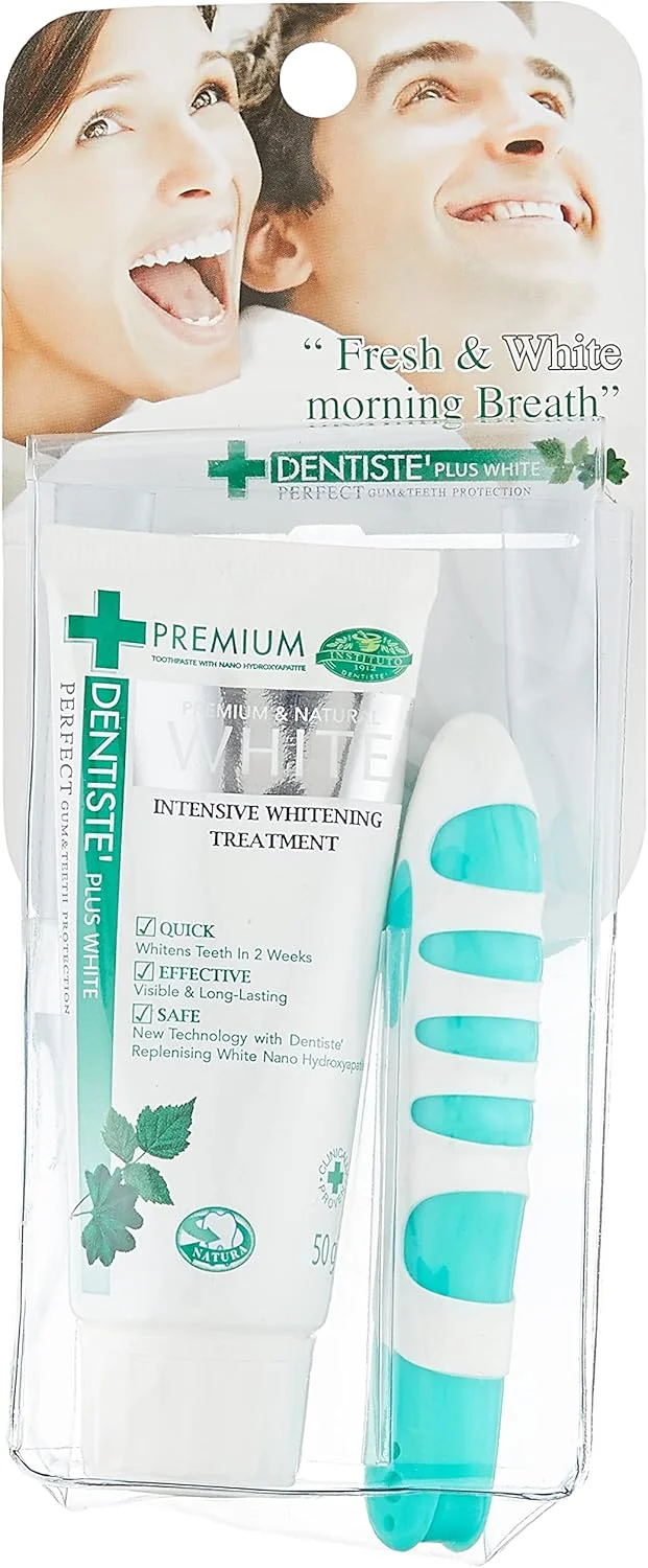 مجموعه مسافرتی دنتیسته با خمیر دندان سفید کننده طبیعی پریمیوم پلاس 50 گرمی و مسواک تاشو مسافرتی پریمیوم | درمان سفید کننده قوی | مراقبت از دهان و دندان جمع و جور، راحت و مناسب سفر