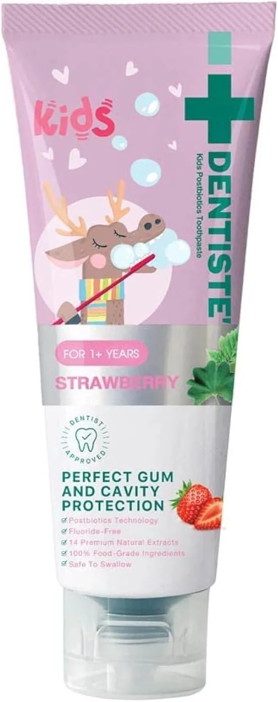 خمیر دندان کودک دنتیسته حاوی پست بیوتیک 60 گرم | طعم توت فرنگی - مناسب کودکان 1 سال به بالا | بدون فلوراید | محافظت کامل از لثه و دندان | فناوری پست بیوتیک طبیعی و ایمن | قابل بلعیدن