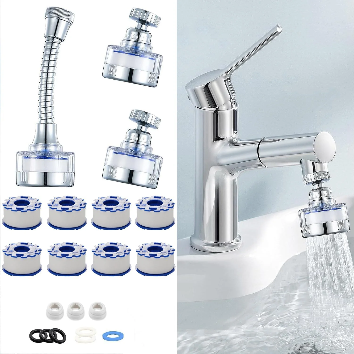 بسته 3 عددی فیلتر شیر آب سینک همراه با لوله رابط، فیلتر آب شیر سینک، فیلتر آب شیر آشپزخانه با قابلیت چرخش 360 درجه، نرم کننده آب سخت به همراه 8 فیلتر جایگزین بسته 3 عددی فیلتر شیر آب سینک همراه با لوله رابط، فیلتر آب شیر سینک، فیلتر آب شیر آشپزخانه با قابلیت چرخش 360 درجه، نرم کننده آب سخت به همراه 8 فیلتر جایگزین