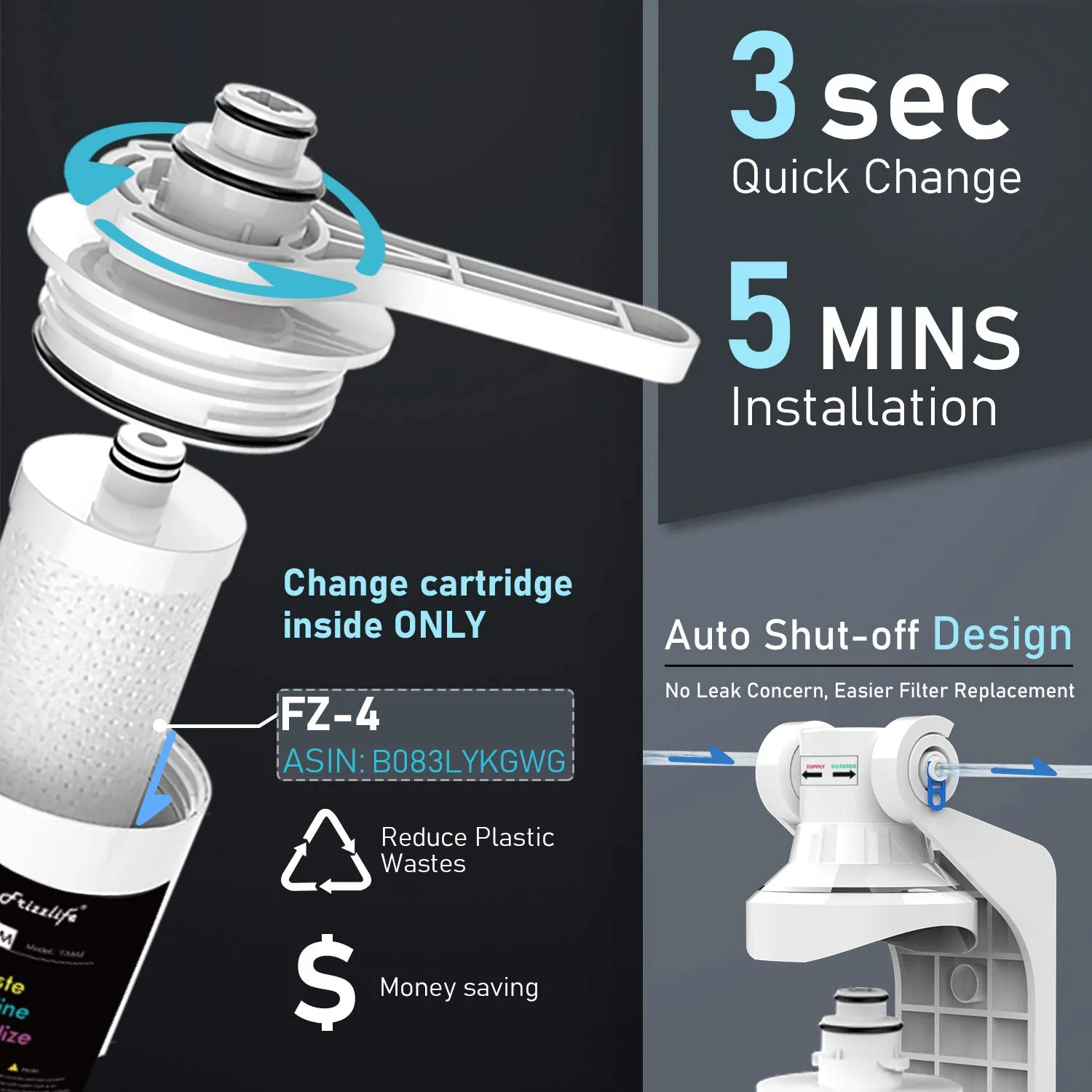 سیستم فیلتراسیون آب قلیایی زیر سینکی Frizzlife TAM3 - فیلتر 1/4 اینچی اتصال سریع برای سیستم فیلتراسیون اسمز معکوس RO، 3 مرحله، تنظیم PH، بازیابی مواد معدنی ضروری