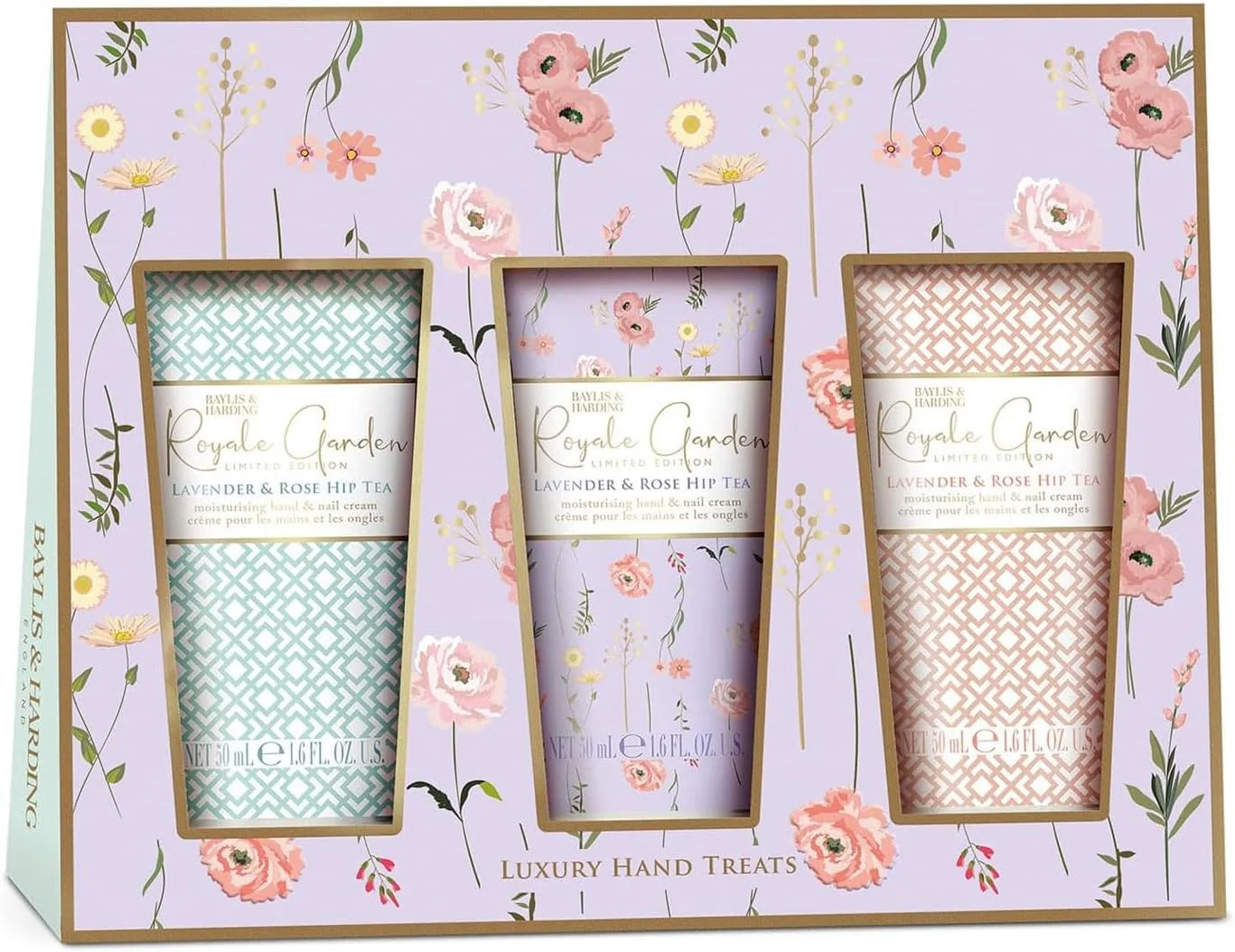 مجموعه هدیه مراقبت از دست لوکس بایلیس و هاردینگ رویال گاردن با رایحه اسطوخودوس و گل رز | مجموعه 3 کرم دست | مراقبت از پوست وگان | هدیه ای شیک برای خانم ها مجموعه هدیه مراقبت از دست لوکس بایلیس و هاردینگ رویال گاردن با رایحه اسطوخودوس و گل رز | مجموعه 3 کرم دست | مراقبت از پوست وگان | هدیه ای شیک برای خانم ها