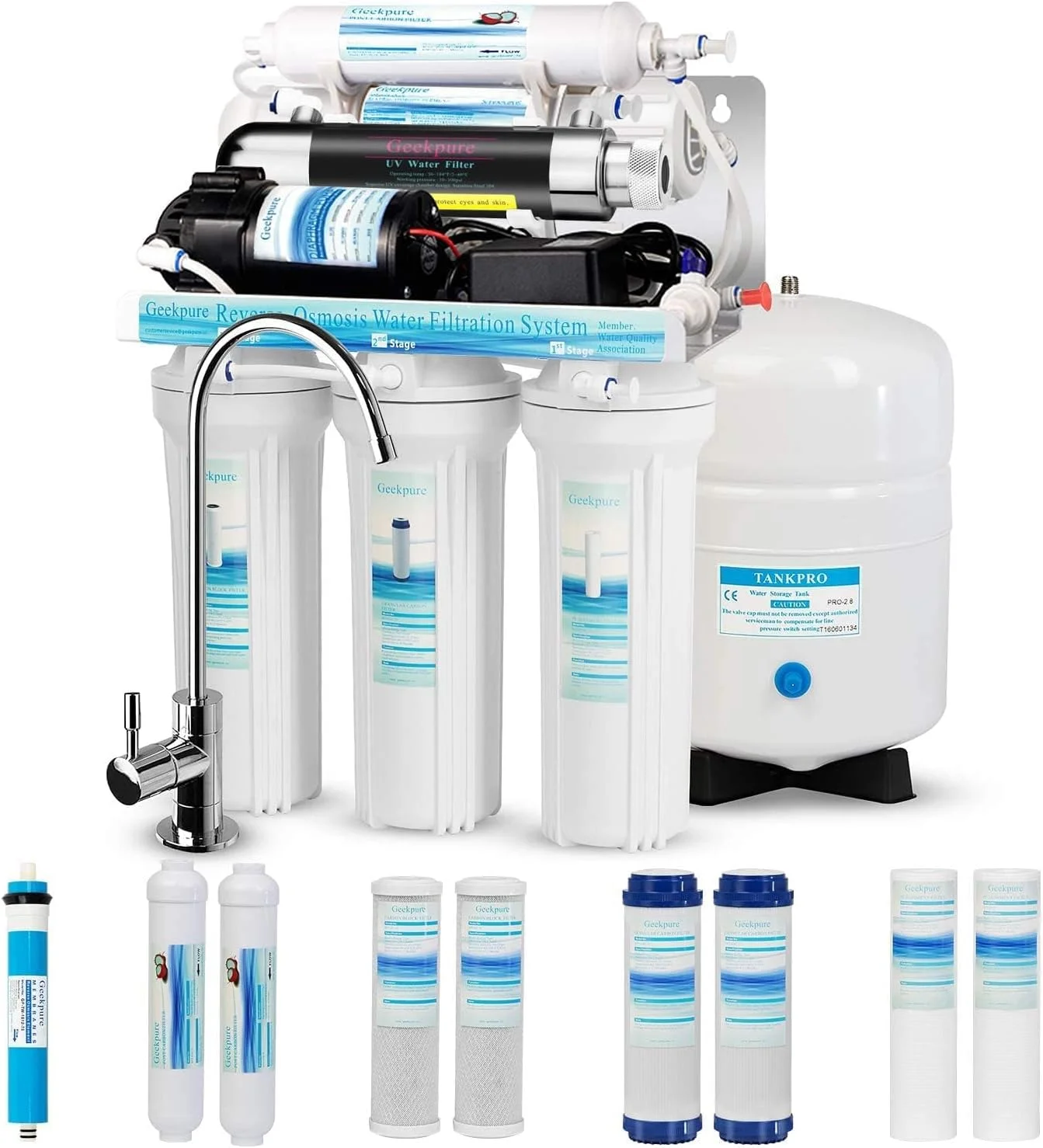 سیستم فیلتر آب آشامیدنی اسمز معکوس 6 مرحله ای Geekpure با ظرفیت 75 GPD به همراه فیلتر UV - به همراه 4 فیلتر اضافی سیستم فیلتر آب آشامیدنی اسمز معکوس 6 مرحله ای Geekpure با ظرفیت 75 GPD به همراه فیلتر UV - به همراه 4 فیلتر اضافی