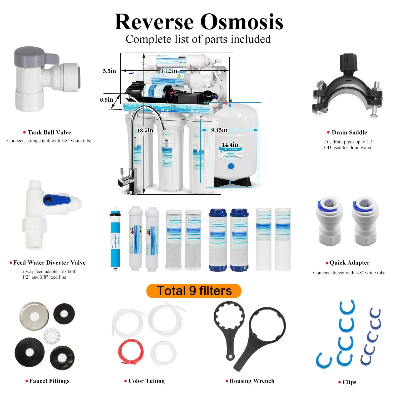 دستگاه تصفیه آب 6 مرحله ای اسمز معکوس Geekpure با ظرفیت 75 گالن در روز - دارای فیلتر قلیایی - به همراه پمپ تقویت کننده و 4 فیلتر اضافی