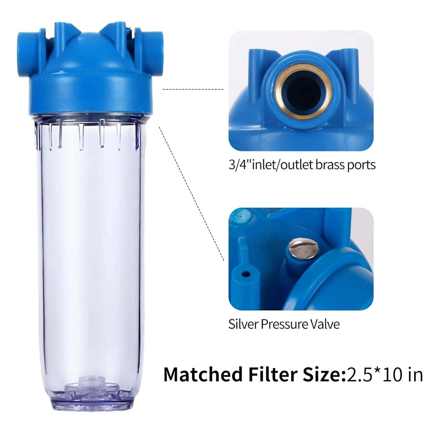 محفظه فیلتر شفاف 10 اینچی Geekpure برای کل خانه - پورت برنجی 3/4 اینچ NPT - مناسب برای فیلترهای 2.5 x 10 اینچ