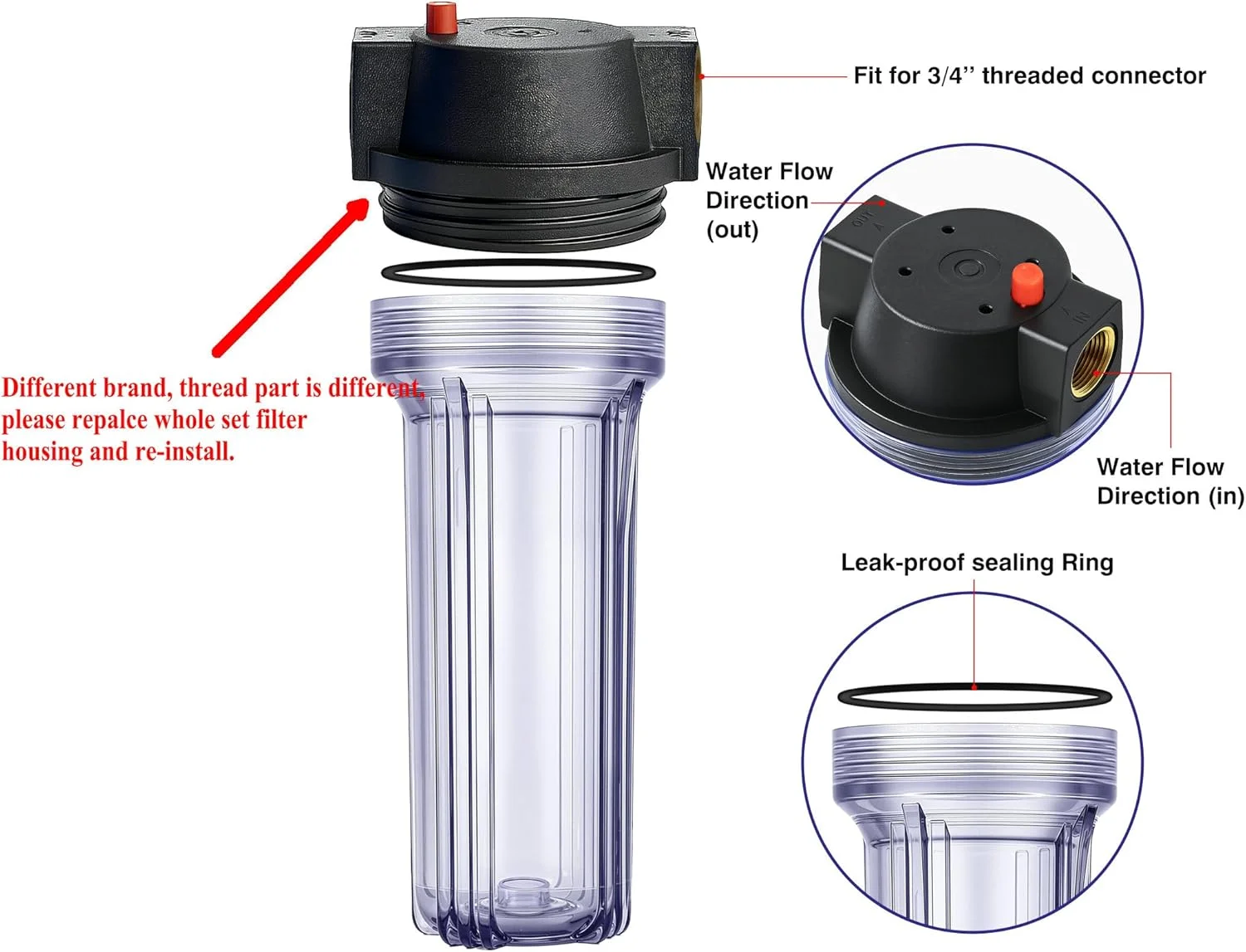 محفظه شفاف باریک 10 اینچی استاندارد Geekpure برای فیلتر 2.5 x 10 اینچی - ورودی/خروجی 3/4 اینچ NPT مادگی با آچار و براکت تخلیه فشار - شفاف