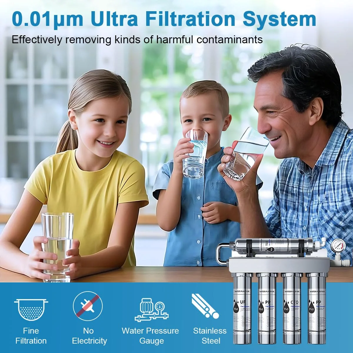 سیستم فیلتر آب زیر سینک Gluckluz، تصفیه آب آشامیدنی 5 مرحله ای با فیلتراسیون فوق العاده 0.01 میکرومتر با گیج فشار بلادرنگ، حذف 99.99% آلاینده ها، سرب، جیوه، کادمیوم، کلر