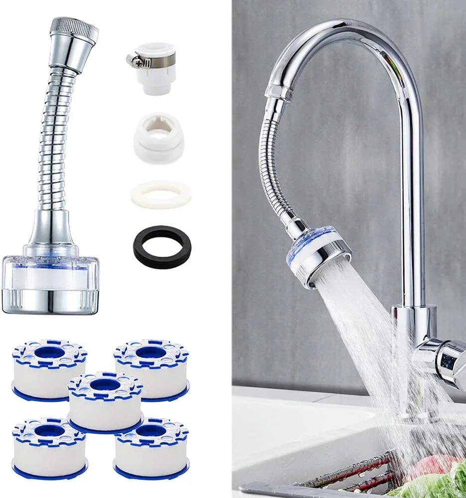 شیر آب فیلتر دار سینک گردان 360 درجه Goodern - شیر ضد پاشش با لوله افزایش طول و المنت های فیلتر شیر آب فیلتر دار سینک گردان 360 درجه Goodern - شیر ضد پاشش با لوله افزایش طول و المنت های فیلتر