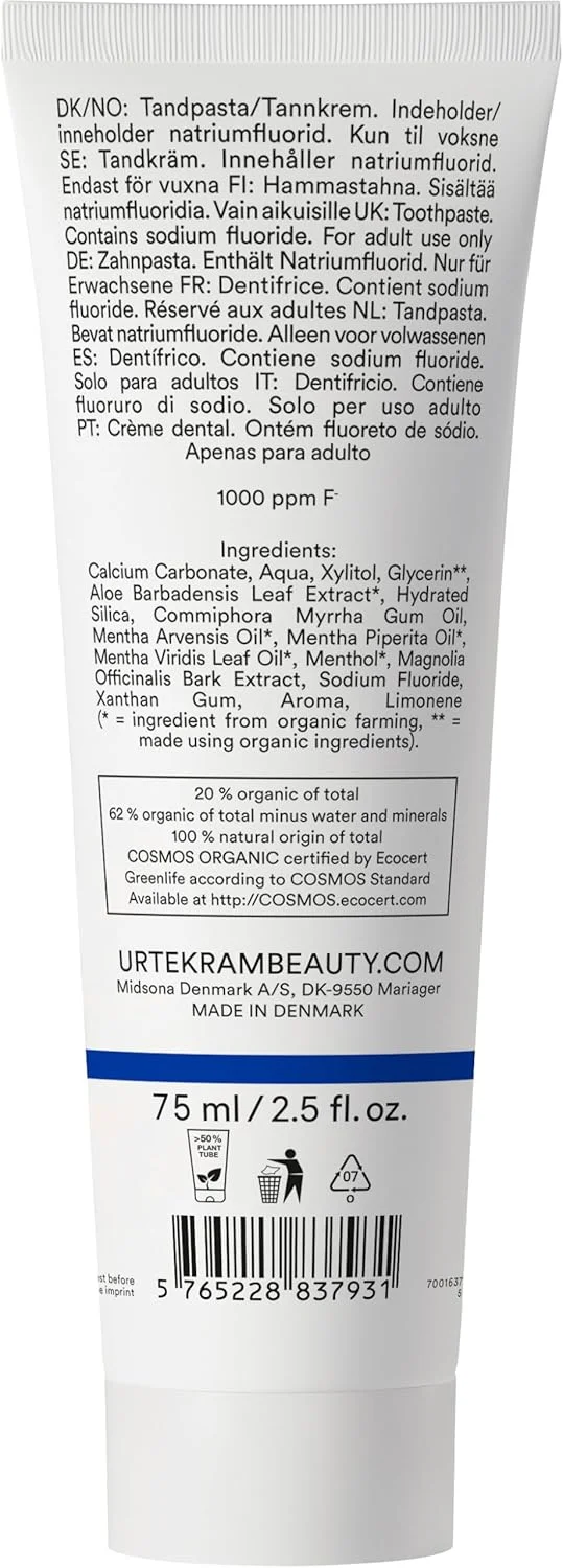 خمیر دندان نعناع و آلوئه ورا Urtekram با فلوراید، 100% ارگانیک، وگان، مواد طبیعی، مراقبت تازه دهان، 75 میلی لیتر