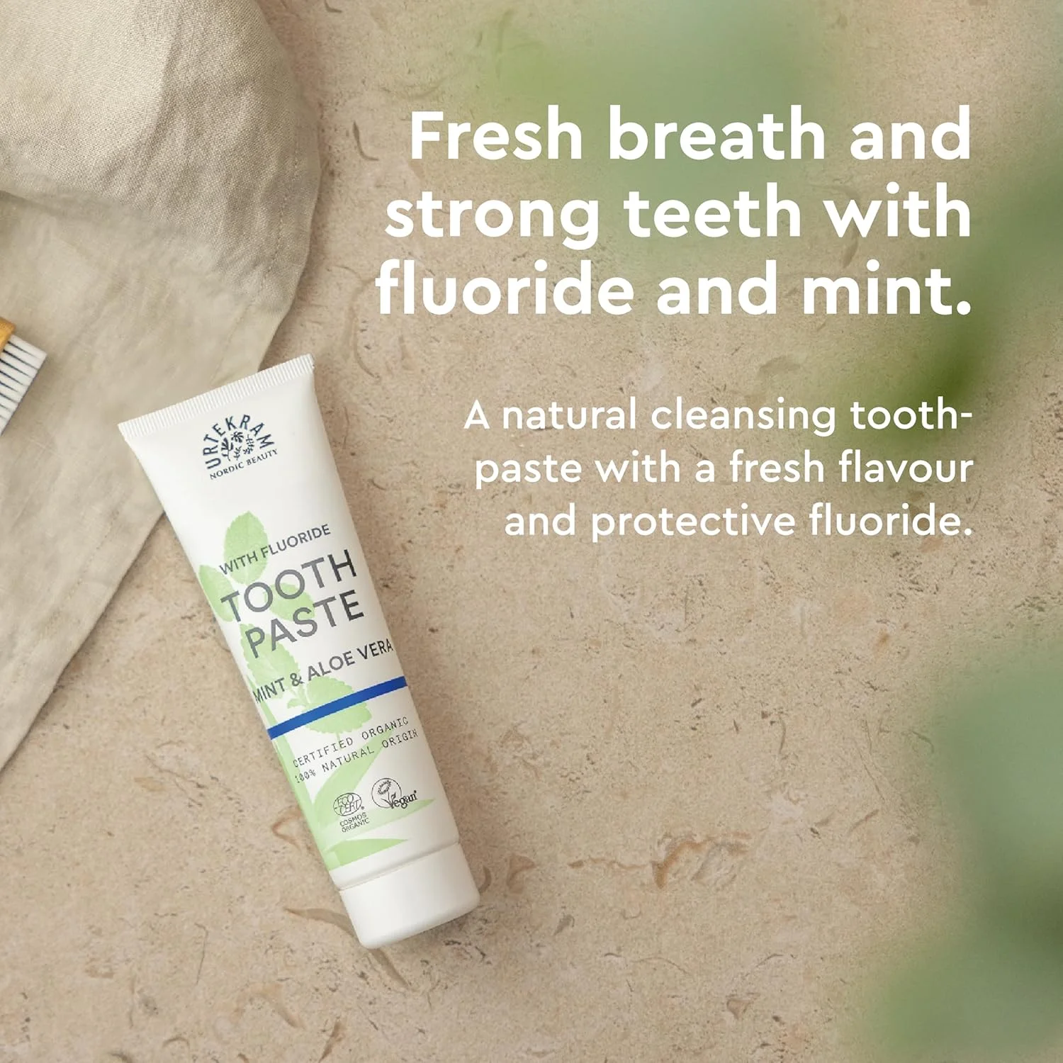 خمیر دندان نعناع و آلوئه ورا Urtekram با فلوراید، 100% ارگانیک، وگان، مواد طبیعی، مراقبت تازه دهان، 75 میلی لیتر