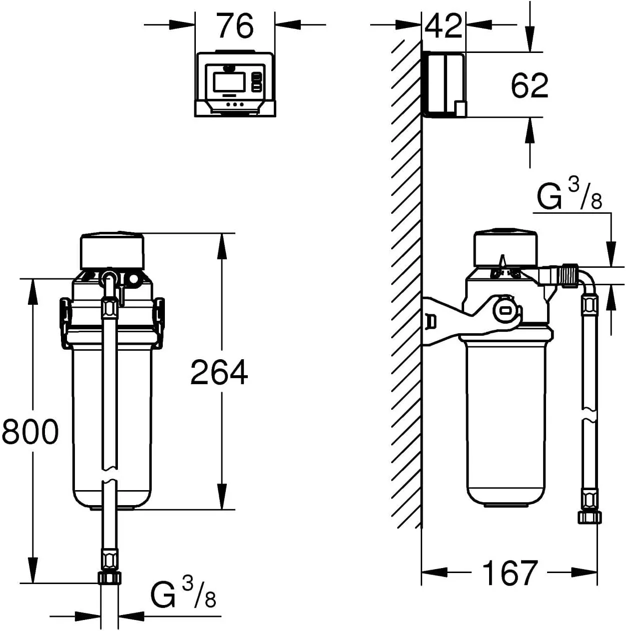 ست فیلتر استارتر کربن فعال زیر سینک GROHE Blue (سر فیلتر، فلومتر برای اندازه گیری طول عمر فیلتر، ظرفیت 1500 لیتر)، برای استفاده با شیرآلات آشپزخانه Blue Pure، 41136000