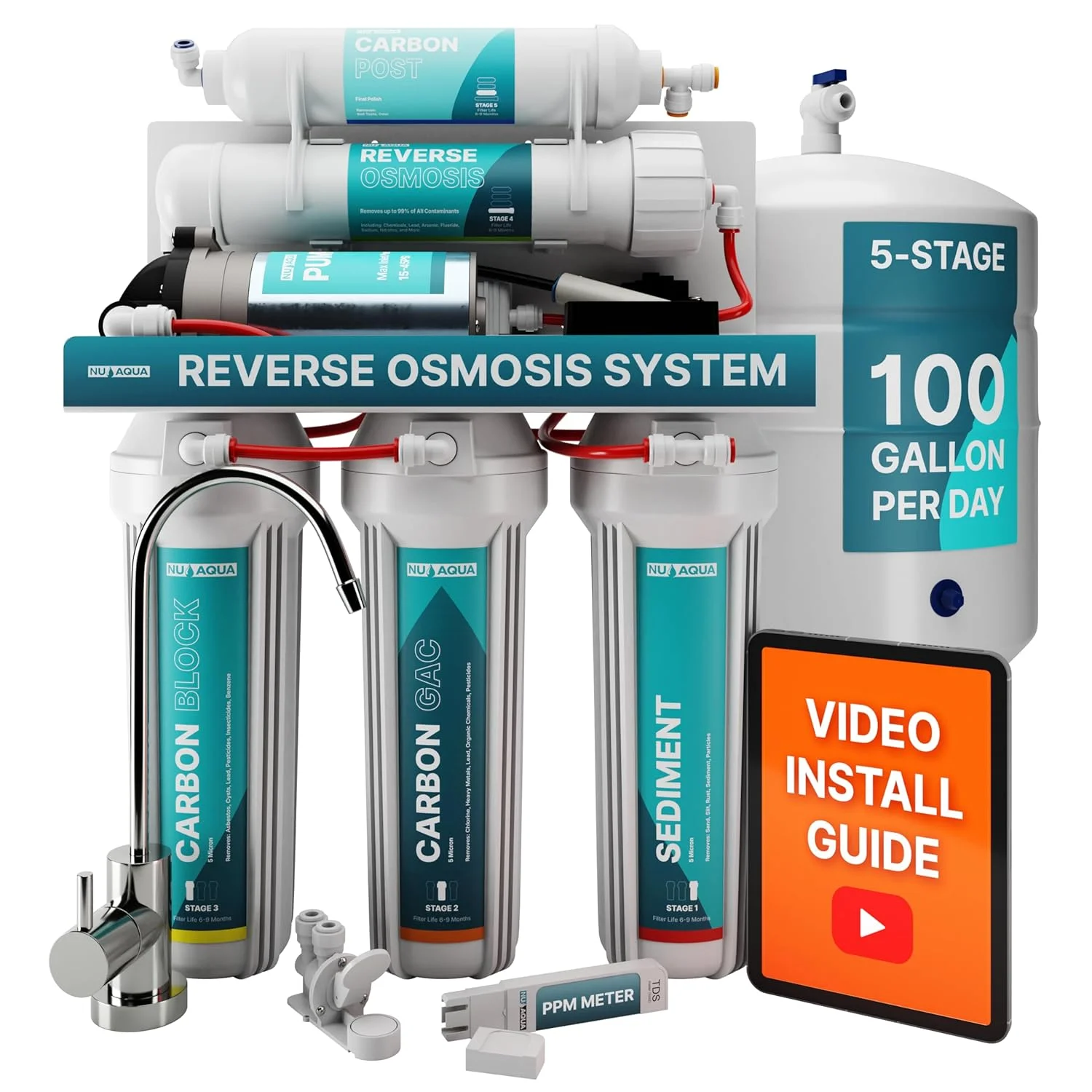 دستگاه تصفیه آب 5 مرحله ای زیر سینکی NU Aqua - پمپ تقویت کننده - فیلتراسیون RO با ظرفیت 100 گالن در روز به همراه شیر و مخزن - PPM متر - تصفیه کننده آب آشامیدنی خانگی و آشپزخانه دستگاه تصفیه آب 5 مرحله ای زیر سینکی NU Aqua - پمپ تقویت کننده - فیلتراسیون RO با ظرفیت 100 گالن در روز به همراه شیر و مخزن - PPM متر - تصفیه کننده آب آشامیدنی خانگی و آشپزخانه