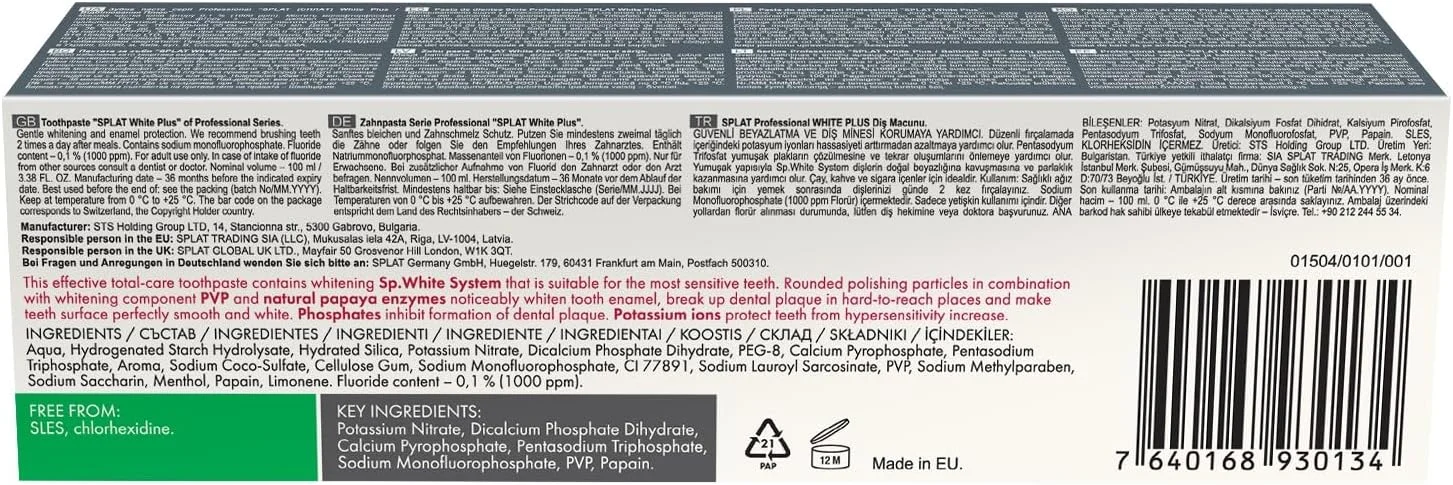 خمیر دندان سفید کننده حرفه ای وایت پلاس اسپلَت با مراقبت از مینای دندان، 100 میلی لیتر خمیر دندان سفید کننده حرفه ای وایت پلاس اسپلَت با مراقبت از مینای دندان، 100 میلی لیتر