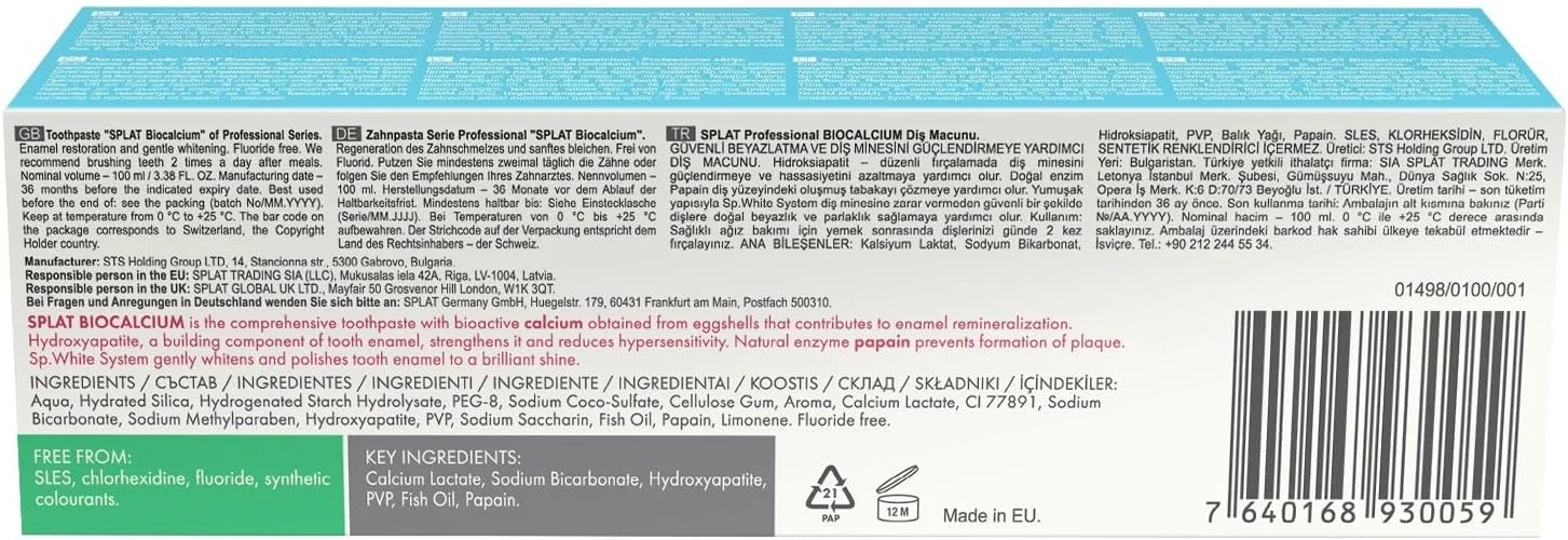خمیر دندان حرفه ای بایوکلسیم SPLAT برای دندان های قوی و حساس، خمیر دندان طبیعی با کلسیم 100 میلی لیتر خمیر دندان حرفه ای بایوکلسیم SPLAT برای دندان های قوی و حساس، خمیر دندان طبیعی با کلسیم 100 میلی لیتر