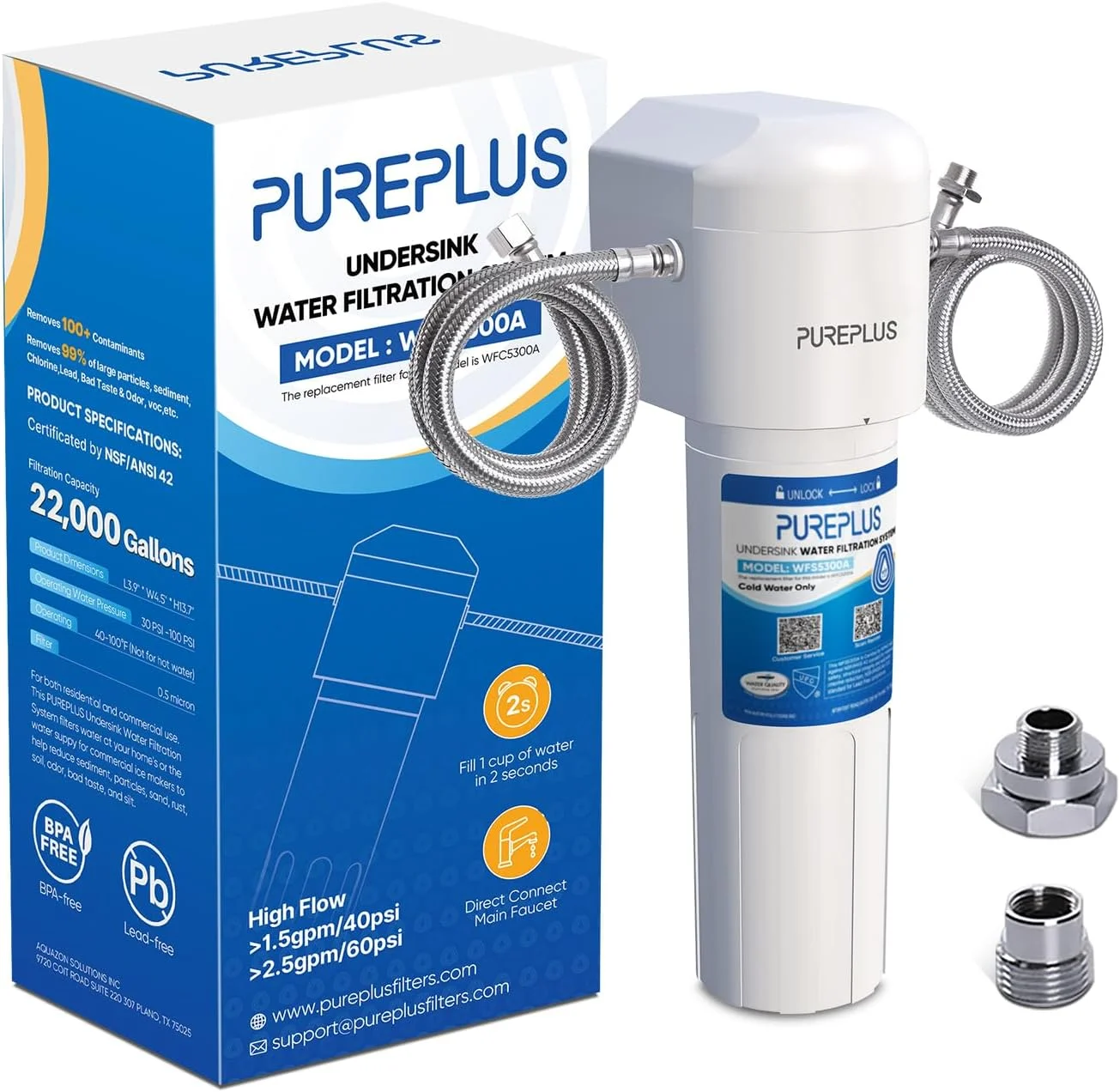 فیلتر آب زیر سینکی PUREPLUS، 22000 گالن، کاهش 99.99% کلر، سیستم تصفیه آب زیر پیشخوان اتصال مستقیم دارای گواهینامه NSF/ANSI