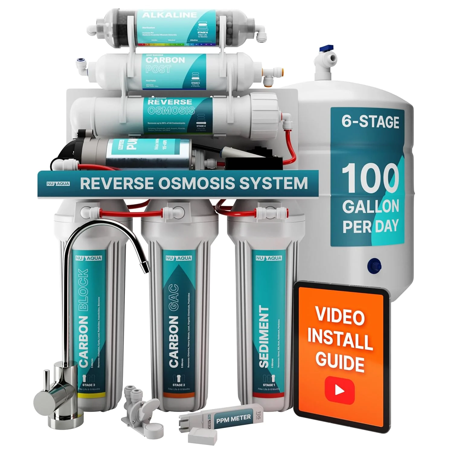 سیستم فیلتر آب قلیایی 6 مرحله ای زیر سینک NU Aqua - پمپ تقویت کننده - فیلتراسیون RO با ظرفیت 100 گالن در روز به همراه شیر و مخزن - معدنی سازی مجدد - 100GPD زیر سینکی - تصفیه کننده آب آشامیدنی خانگی و آشپزخانه سیستم فیلتر آب قلیایی 6 مرحله ای زیر سینک NU Aqua - پمپ تقویت کننده - فیلتراسیون RO با ظرفیت 100 گالن در روز به همراه شیر و مخزن - معدنی سازی مجدد - 100GPD زیر سینکی - تصفیه کننده آب آشامیدنی خانگی و آشپزخانه