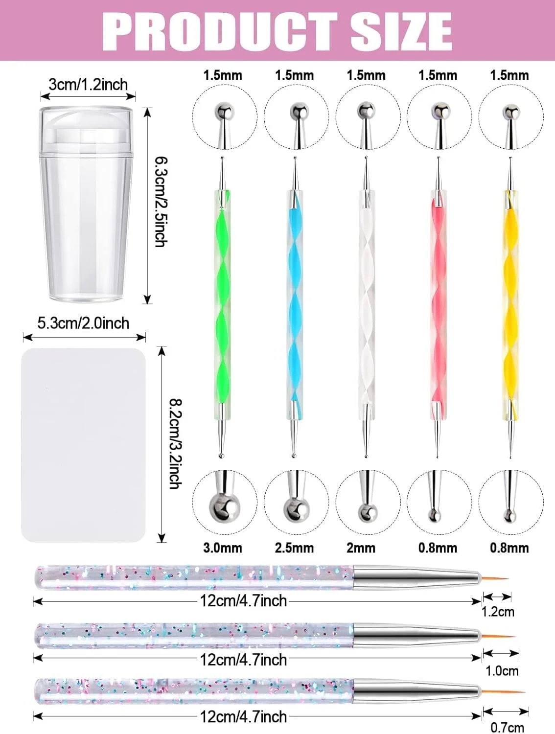 ست مهر ناخن سیلیکونی Kalolary، مهر ژله ای نوک فرانسوی ناخن با کاردک، ست 3 عددی قلم موی جزئیات ناخن، قلم موی طراحی ناخن، 5 عدد قلم نقطه گذاری ناخن، ابزار مانیکور طراحی هنر ناخن نوک فرانسوی ست مهر ناخن سیلیکونی Kalolary، مهر ژله ای نوک فرانسوی ناخن با کاردک، ست 3 عددی قلم موی جزئیات ناخن، قلم موی طراحی ناخن، 5 عدد قلم نقطه گذاری ناخن، ابزار مانیکور طراحی هنر ناخن نوک فرانسوی