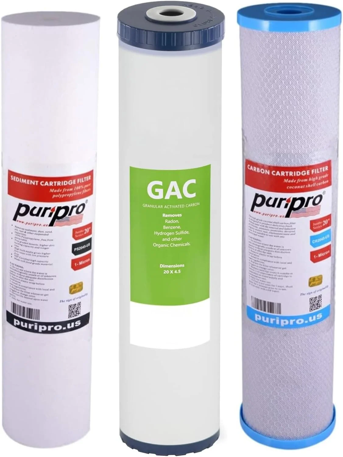 ست فیلتر آب کل خانه پوری پرو - کیت جایگزینی 3 مرحله ای - فیلترهای کارتریج با ظرفیت بالا رسوب، زغال چوب، کربن - فیلتر آب 1 تا 5 میکرون - 4.5 اینچ در 20 اینچ (PP+CTO+GAC)