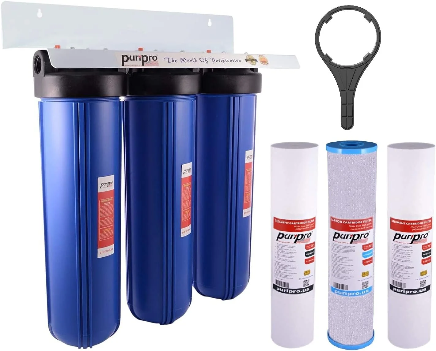 فیلتر کل خانه پوری پرو - سیستم فیلتراسیون آب سه مرحله ای جامبو 20 اینچی برای کل خانه با فیلترهای رسوب گیر و کربن بلاک Big Blue 20 اینچی