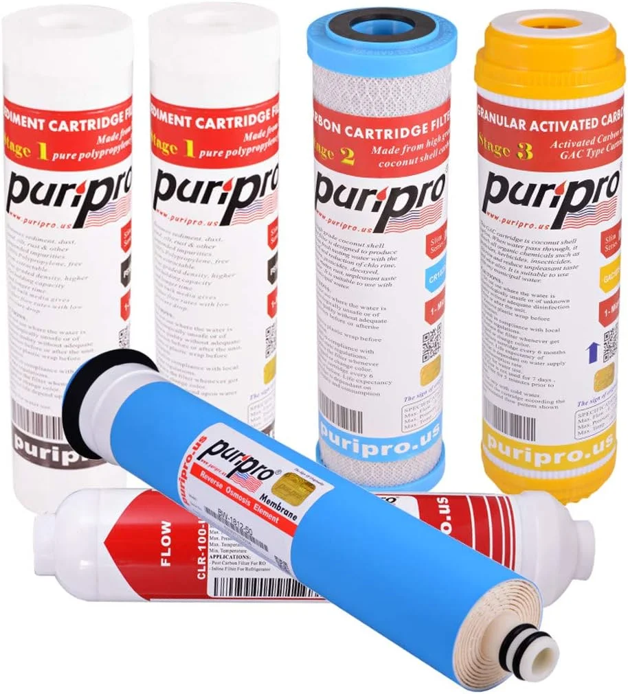 مجموعه فیلتر جایگزین 5 مرحله ای اسمز معکوس زیر سینکی Puri Pro شامل فیلتر رسوب، کربن، GAC، حذف طعم و بو، ممبران RO با ظرفیت 50 گالن در روز