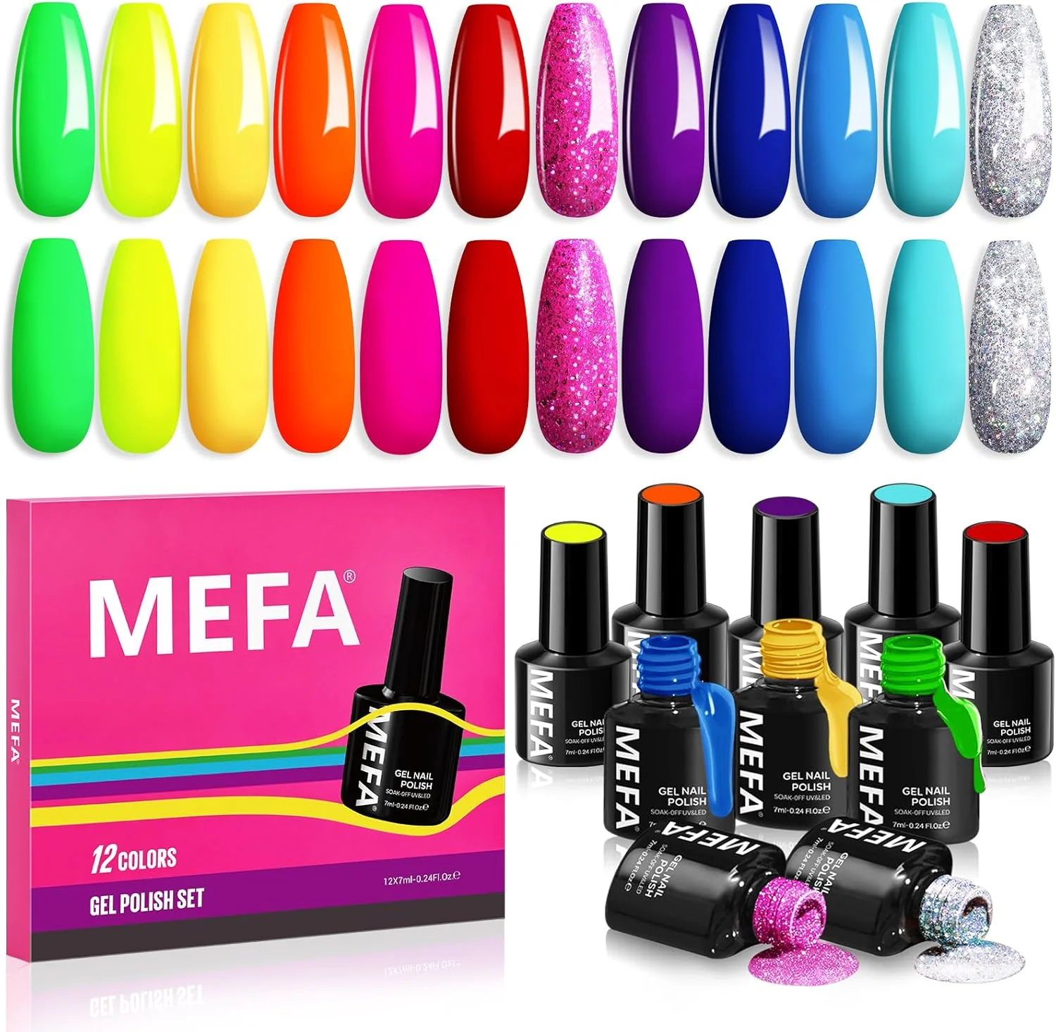 ست لاک ژل نئون MEFA، ست لاک 12 رنگ اکلیلی سبز، صورتی، زرد، آبی، بنفش، قرمز، لاک ژل خیساندنی، هدیه برای زنان و دختران، مناسب برای طراحی ناخن در خانه و سالن ست لاک ژل نئون MEFA، ست لاک 12 رنگ اکلیلی سبز، صورتی، زرد، آبی، بنفش، قرمز، لاک ژل خیساندنی، هدیه برای زنان و دختران، مناسب برای طراحی ناخن در خانه و سالن