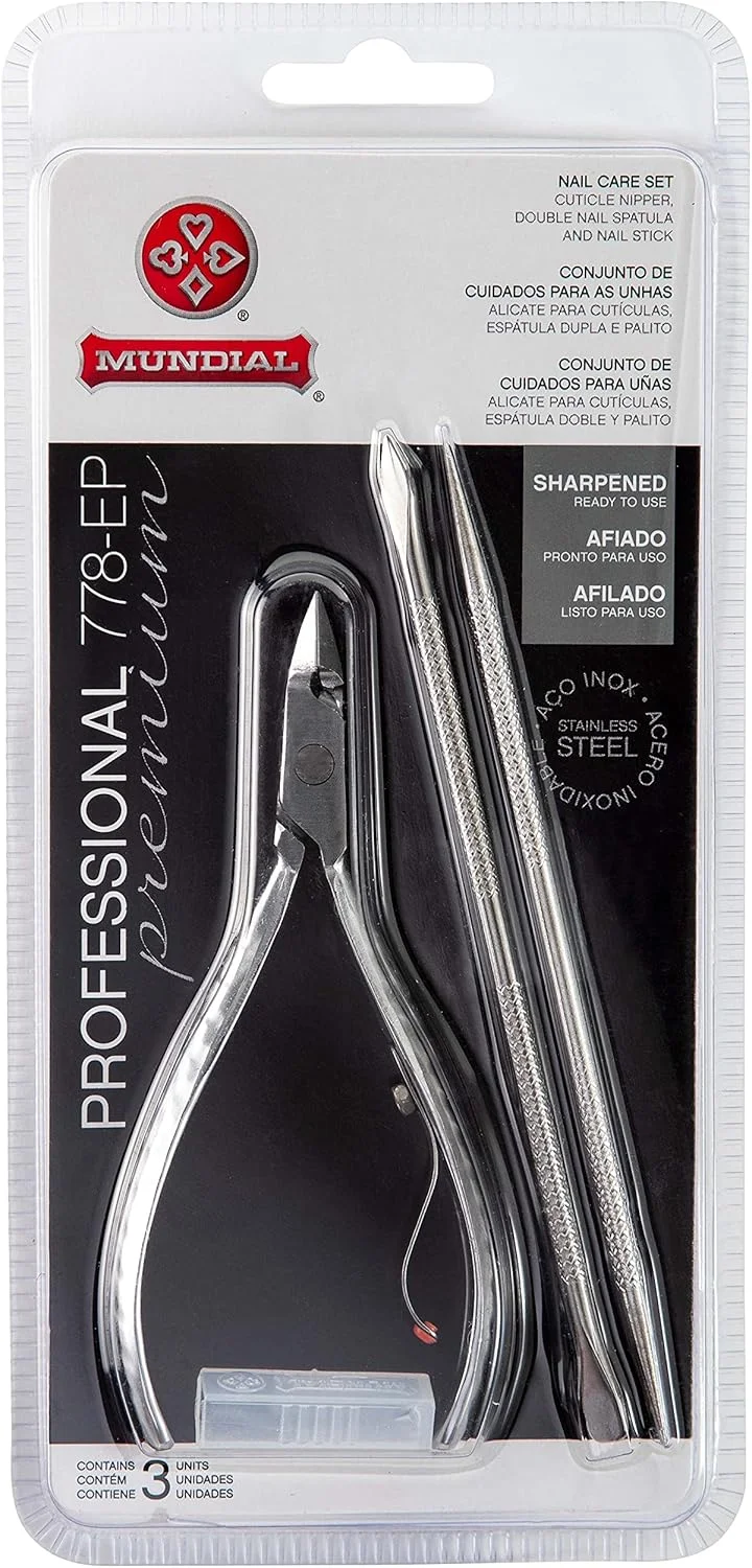 ست سه تکه مراقبت از ناخن Mundial - انبر کوتیکول استیل ضد زنگ حرفه ای با اسپاتول و پوشر ناخن دوبل، کیت اصلاح مانیکور و پدیکور