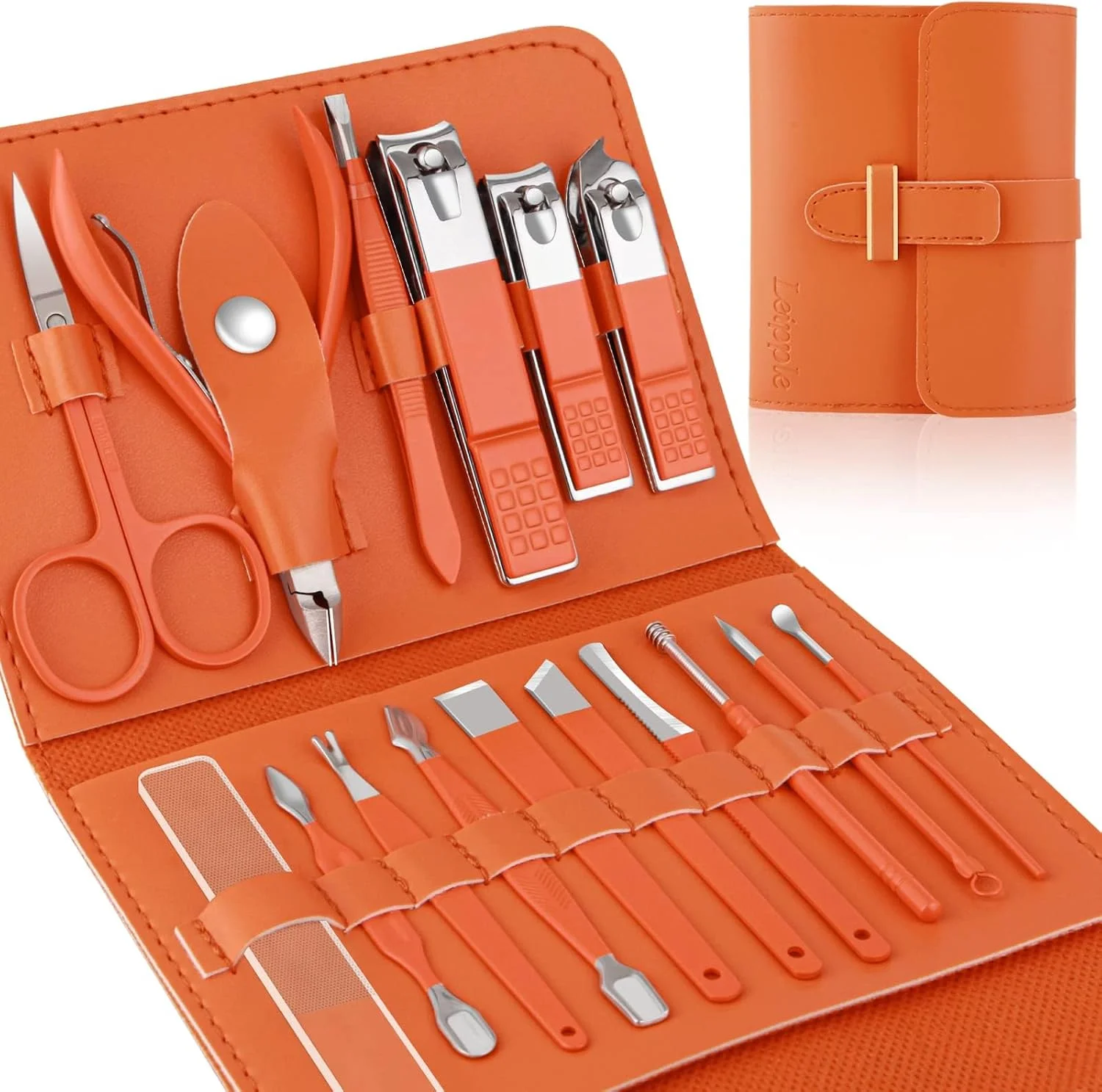 ست مانیکور NALACAL، ست پدیکور و ناخن گیر، ست حرفه ای 16 تکه ابزار مراقبت از ناخن استیل ضد زنگ با کیف چرمی مسافرتی سگک دار لوکس برای ناخن های ضخیم هدیه مردانه و زنانه (نارنجی)