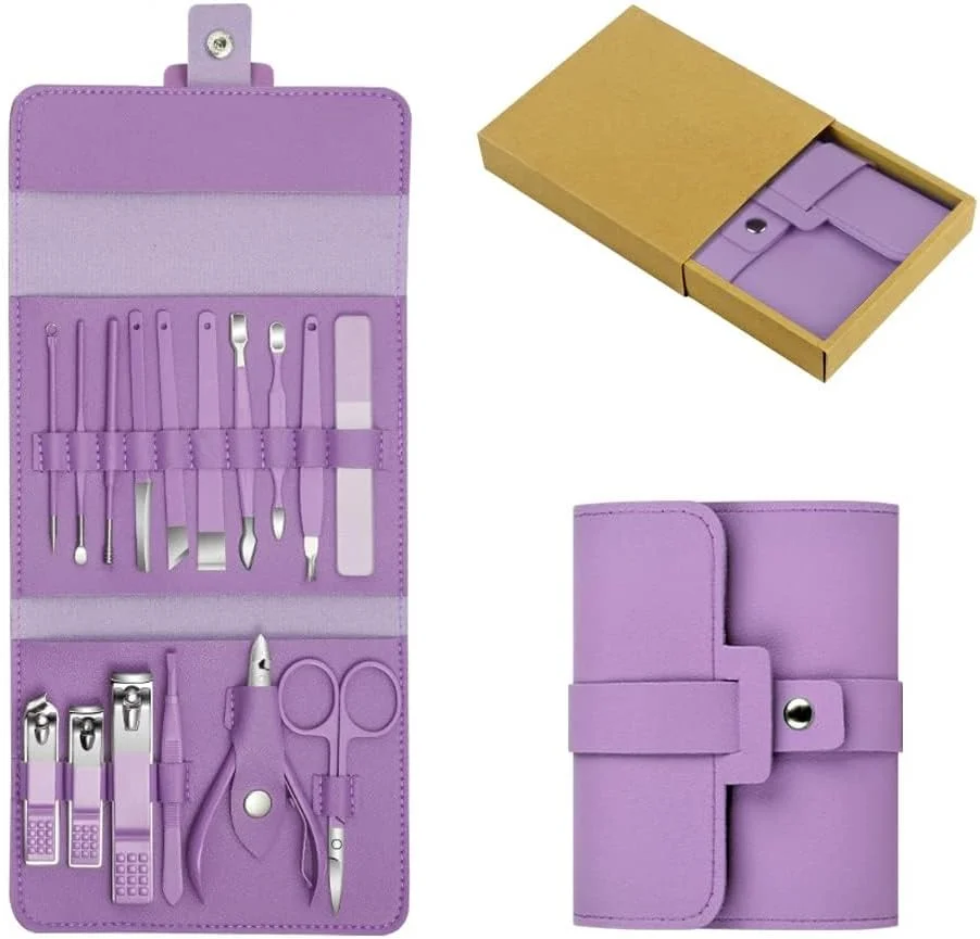 ست مانیکور مسافرتی 16 تکه ممتاز NALACAL - ناخن گیر، موچین، قیچی، نیپر کوتیکول و ابزار پدیکور استیل ضد زنگ با کیف چرمی PU بنفش شیک - کیت مراقبت از ناخن قابل حمل