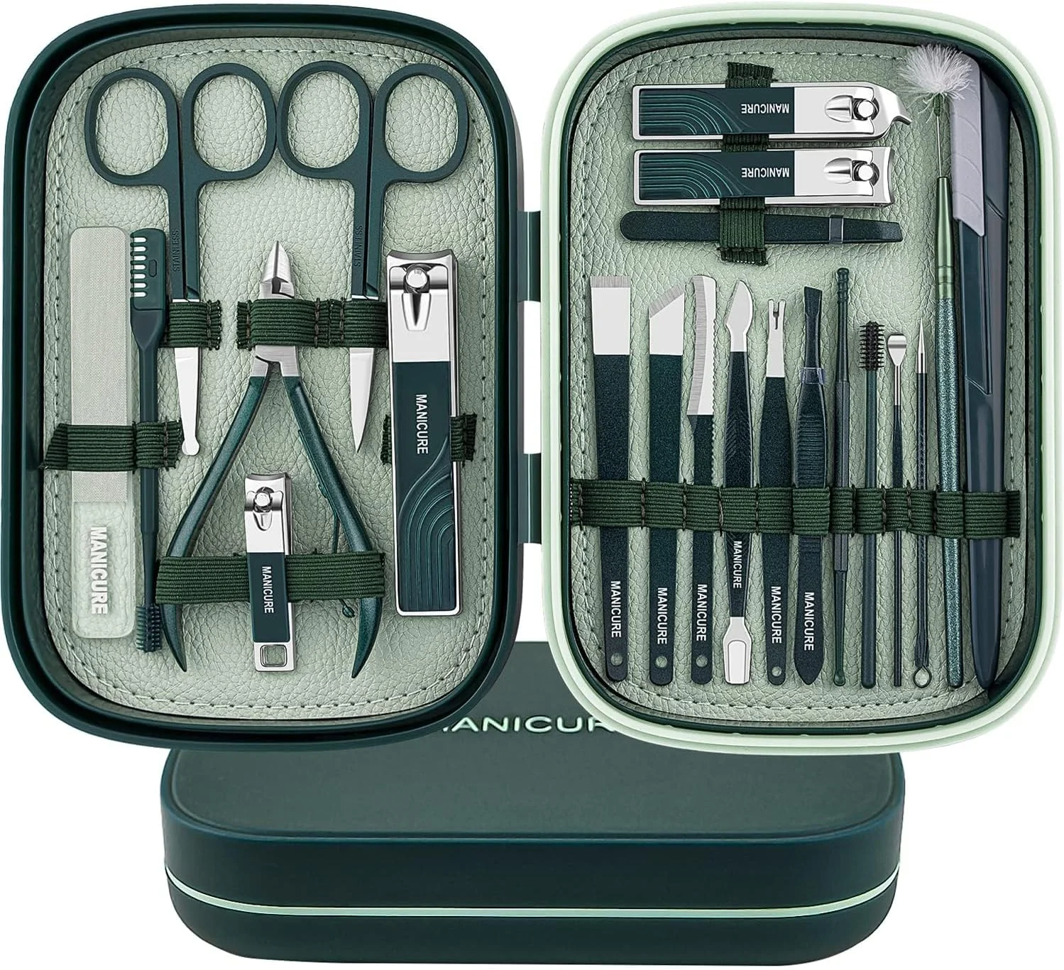 ست مانیکور NALACAL، کیت ناخن گیر 22 تکه، ست پدیکور حرفه ای، ابزار مراقبت از ناخن استیل ضد زنگ تیز و بادوام برای مردان و زنان با کیف مسافرتی لوکس (سبز تیره)