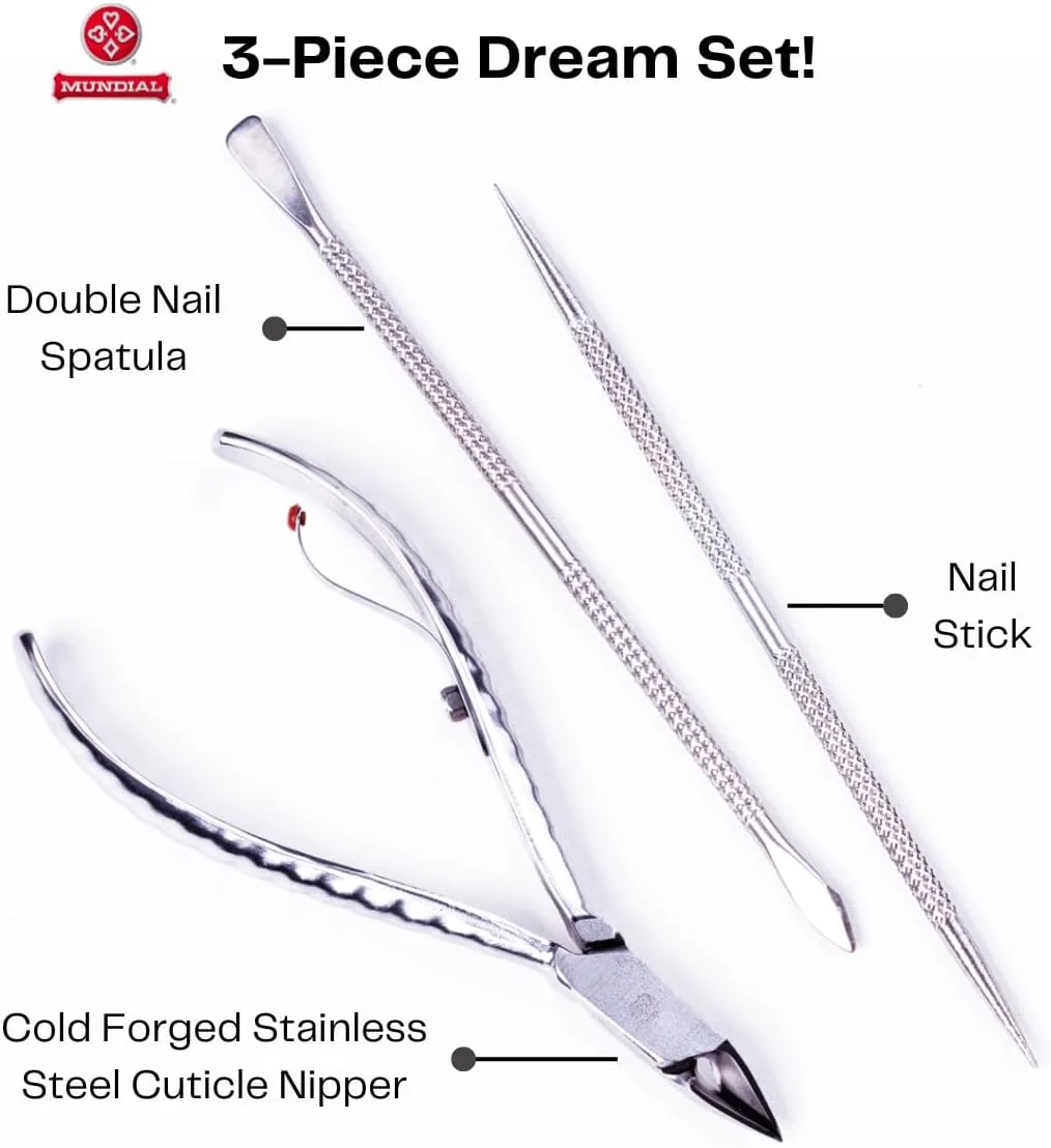 ست سه تکه مراقبت از ناخن Mundial - انبر کوتیکول استیل ضد زنگ حرفه ای با اسپاتول و پوشر ناخن دوبل، کیت اصلاح مانیکور و پدیکور