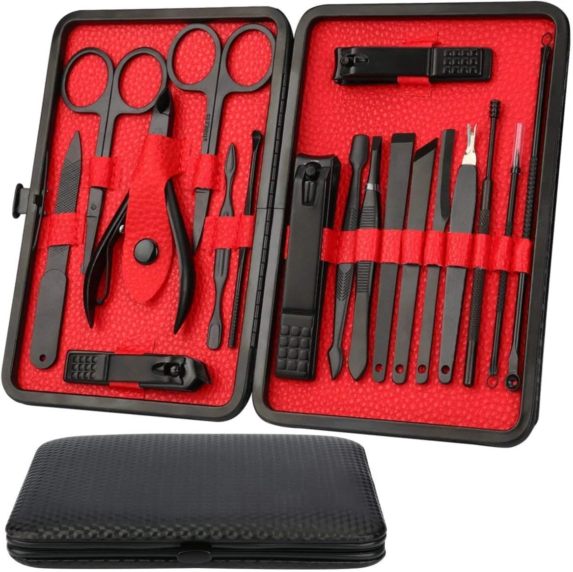 ست مانیکور مومو بیر، کیت پدیکور 19 تکه، ناخن گیر استیل ضد زنگ، کیت حرفه ای پیرایش، قیچی ناخن، ناخن گیر انگشتان پا، ابزار ناخن با کیف چرمی مسافرتی مشکی و قرمز