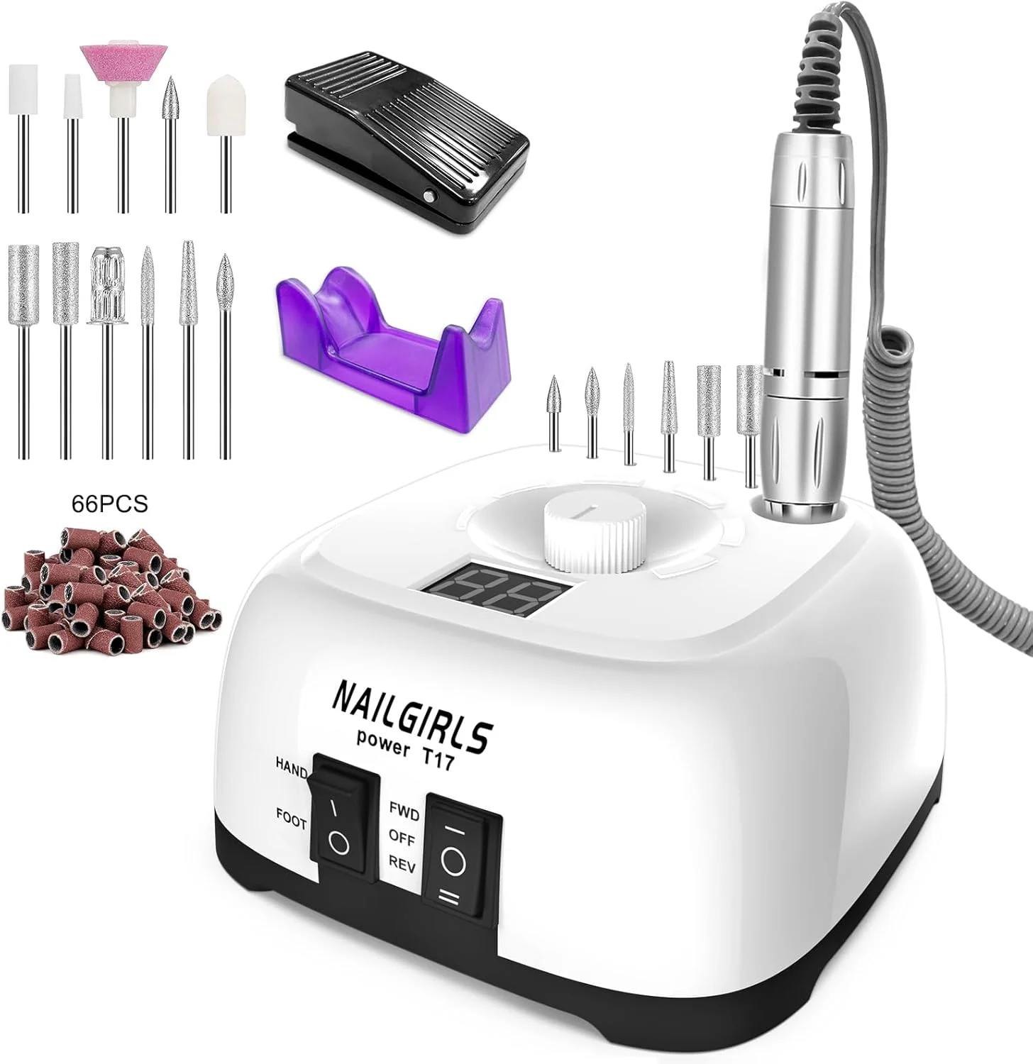 دستگاه سوهان برقی ناخن NAILGIRLS، ست سوهان برقی ناخن 11 در 1، سوهان برقی حرفه ای 35000 دور در دقیقه برای ناخن های اکریلیک، ناخن های ژلی، مانیکور، پدیکور، دستگاه پولیش برای استفاده در منزل و سالن با پدال پا، سفید