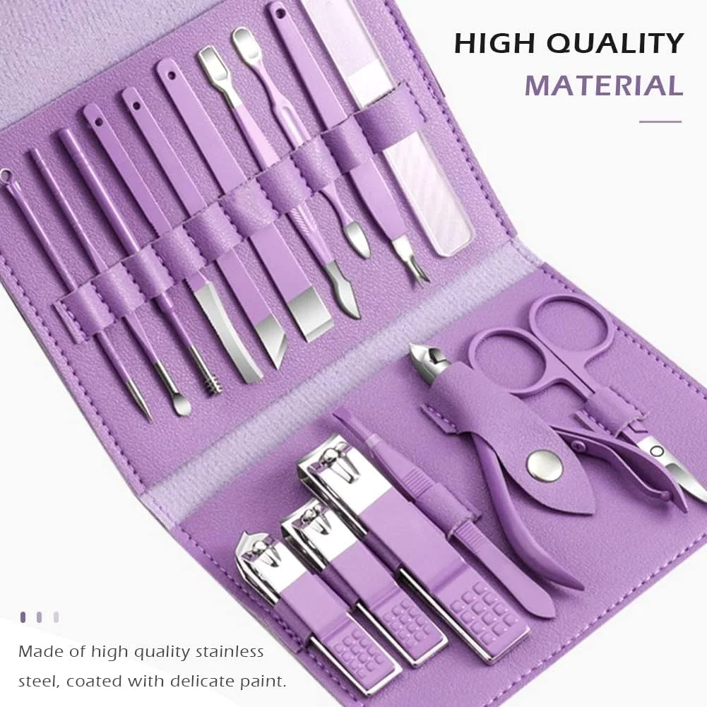 ست مانیکور مسافرتی 16 تکه ممتاز NALACAL - ناخن گیر، موچین، قیچی، نیپر کوتیکول و ابزار پدیکور استیل ضد زنگ با کیف چرمی PU بنفش شیک - کیت مراقبت از ناخن قابل حمل ست مانیکور مسافرتی 16 تکه ممتاز NALACAL - ناخن گیر، موچین، قیچی، نیپر کوتیکول و ابزار پدیکور استیل ضد زنگ با کیف چرمی PU بنفش شیک - کیت مراقبت از ناخن قابل حمل