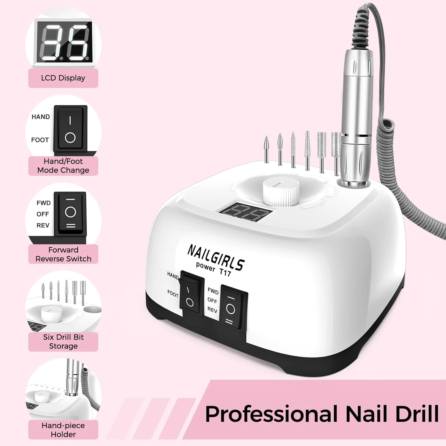 دستگاه سوهان برقی ناخن NAILGIRLS، ست سوهان برقی ناخن 11 در 1، سوهان برقی حرفه ای 35000 دور در دقیقه برای ناخن های اکریلیک، ناخن های ژلی، مانیکور، پدیکور، دستگاه پولیش برای استفاده در منزل و سالن با پدال پا، سفید